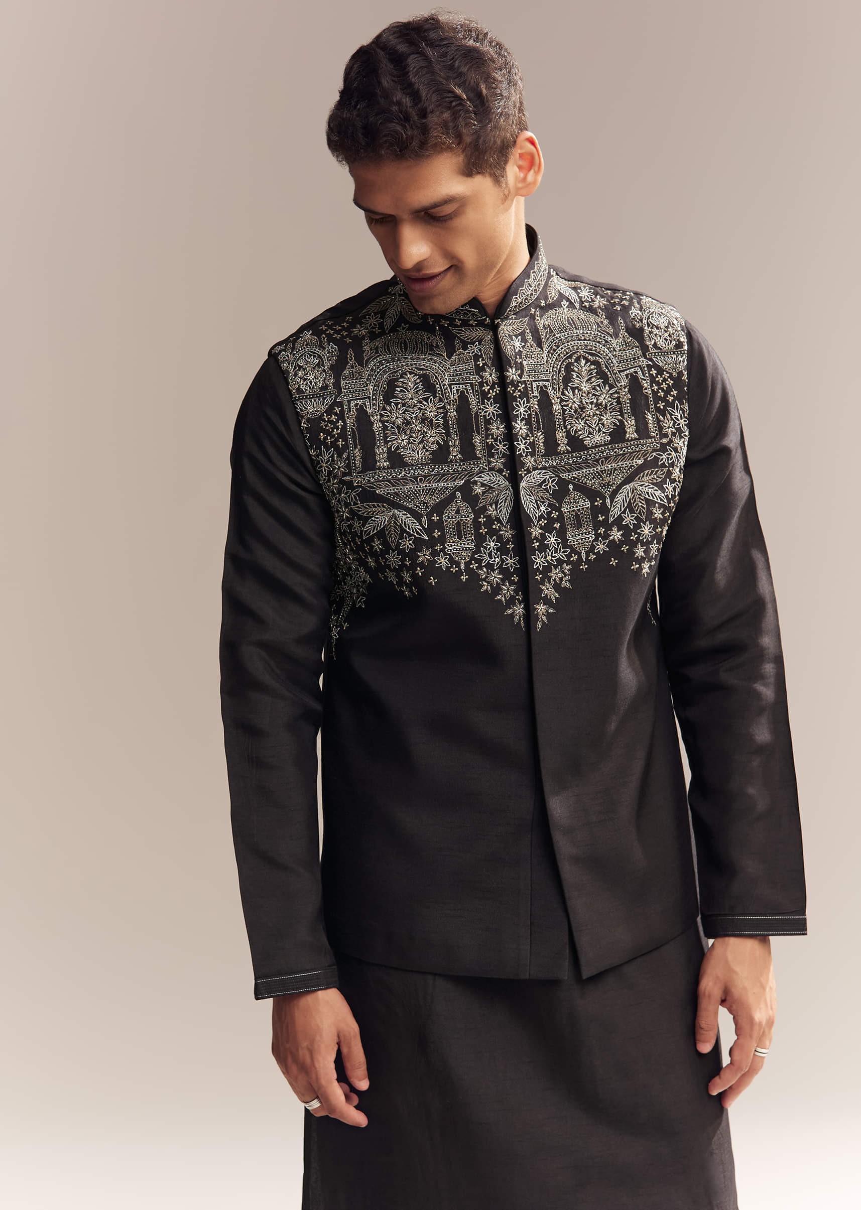 Black Silk Kurta Jacket Set For Men With Zari Cut Work - Image 4