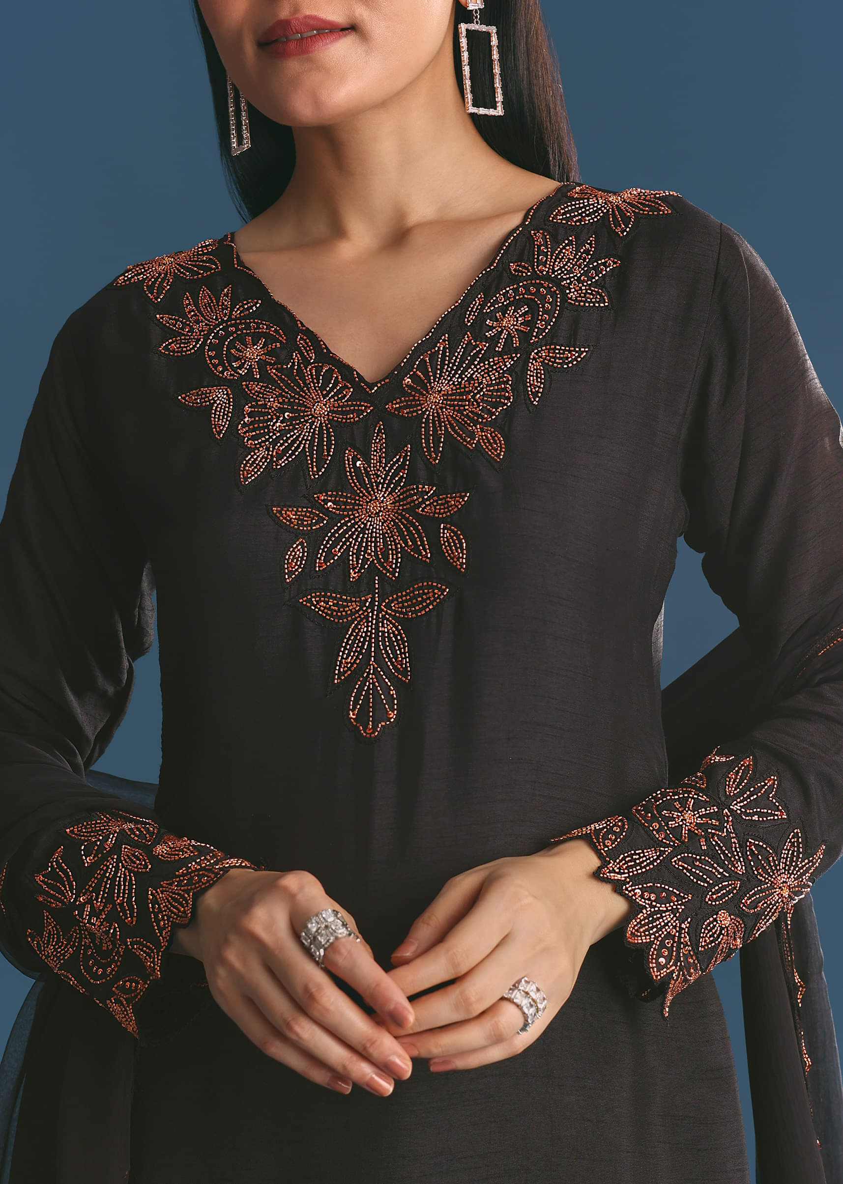 Black Silk Kurta Palazzo Set With Cut Dana Work - Image 2
