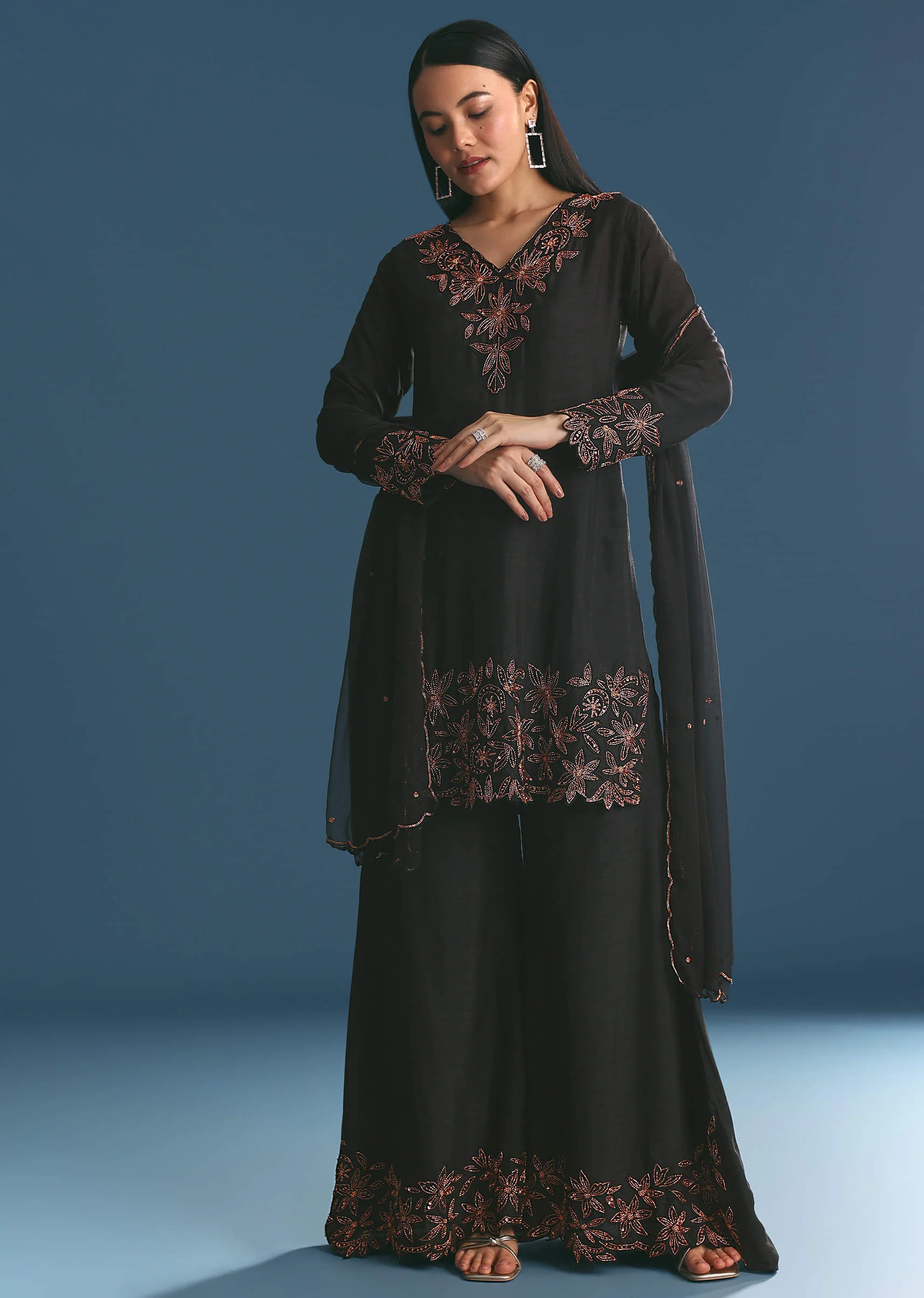 Black Silk Kurta Palazzo Set With Cut Dana Work - Image 4