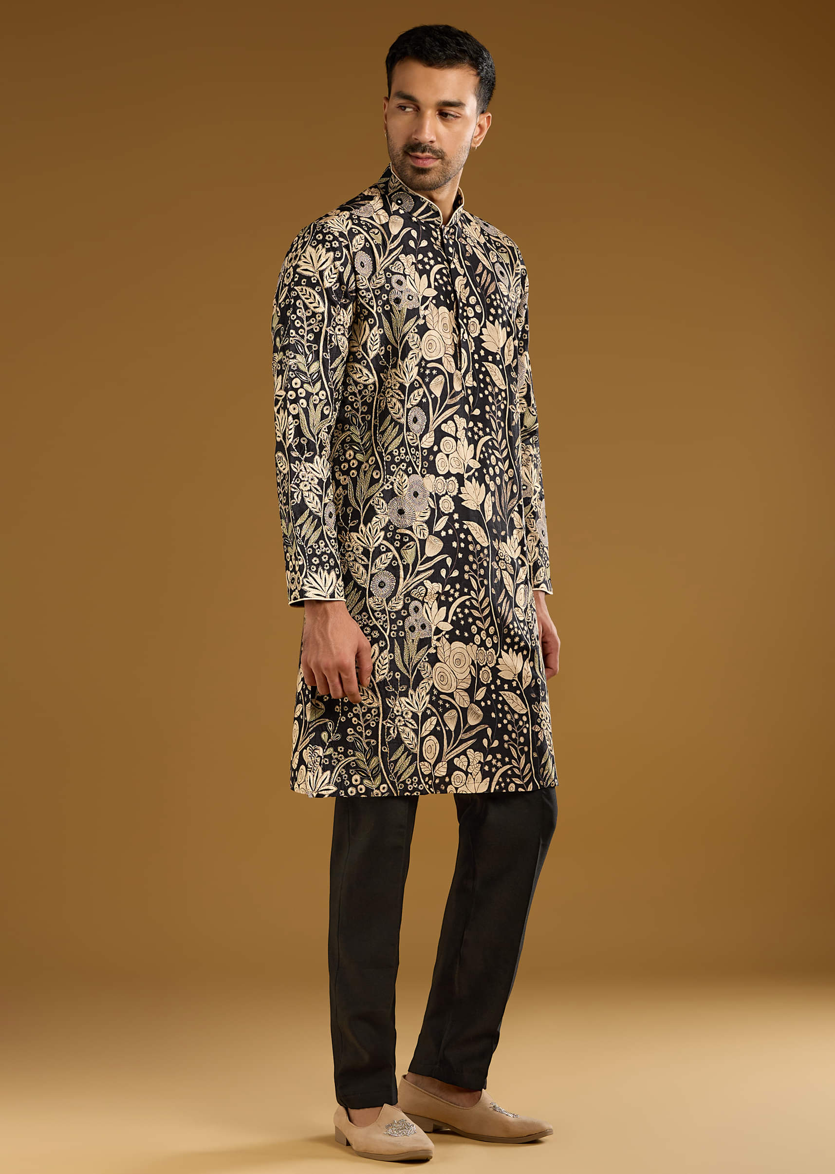 Black Silk Kurta Set For Men With Mirror Work - Image 3
