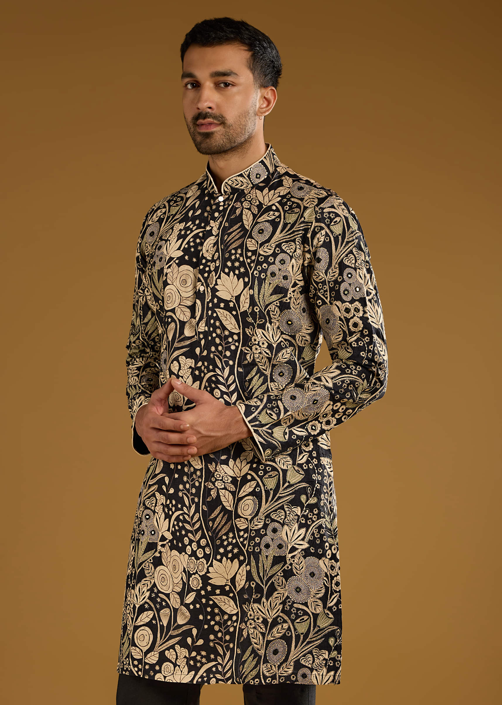 Black Silk Kurta Set For Men With Mirror Work - Image 4
