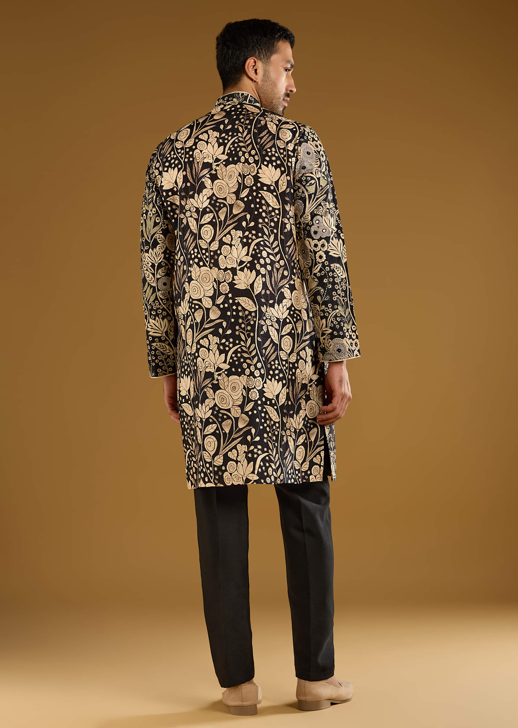 Black Silk Kurta Set For Men With Mirror Work - Image 5