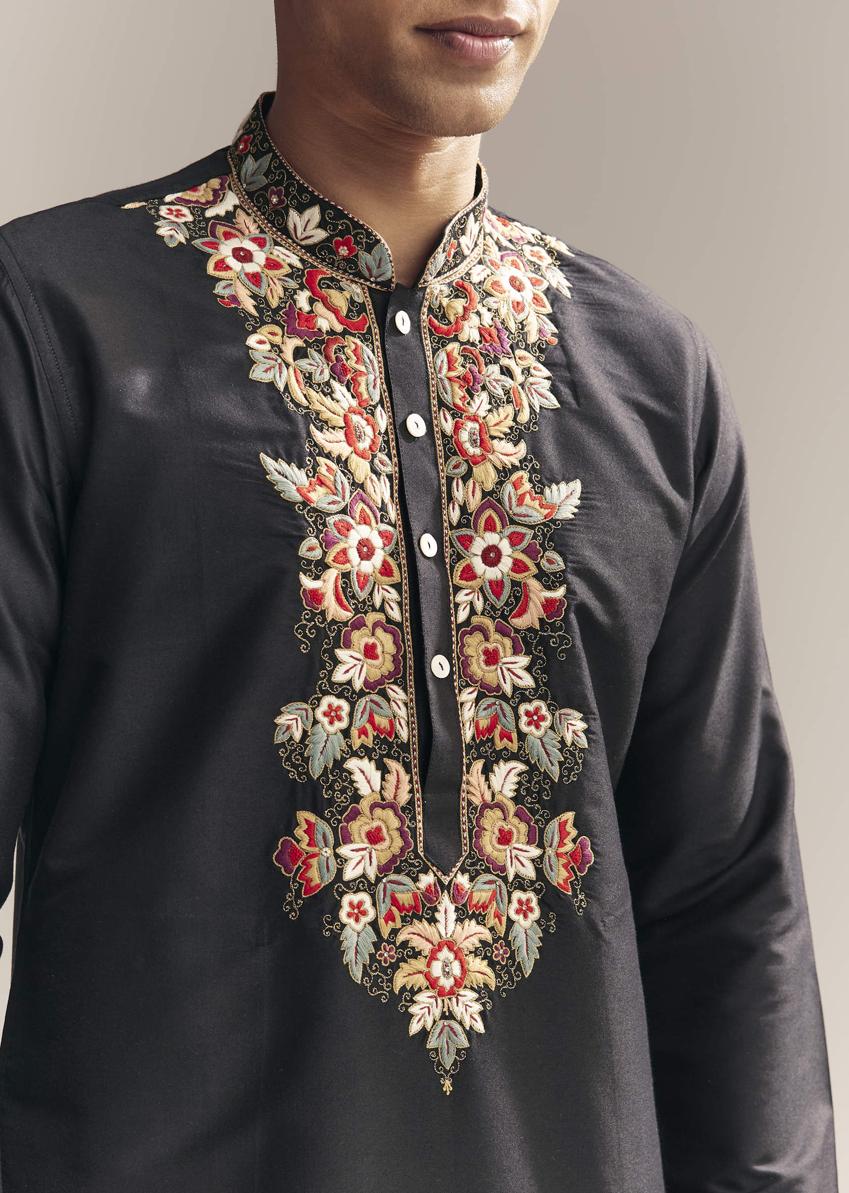 Black Silk Kurta Set For Men With Multi Colour Resham Embroidery - Image 2