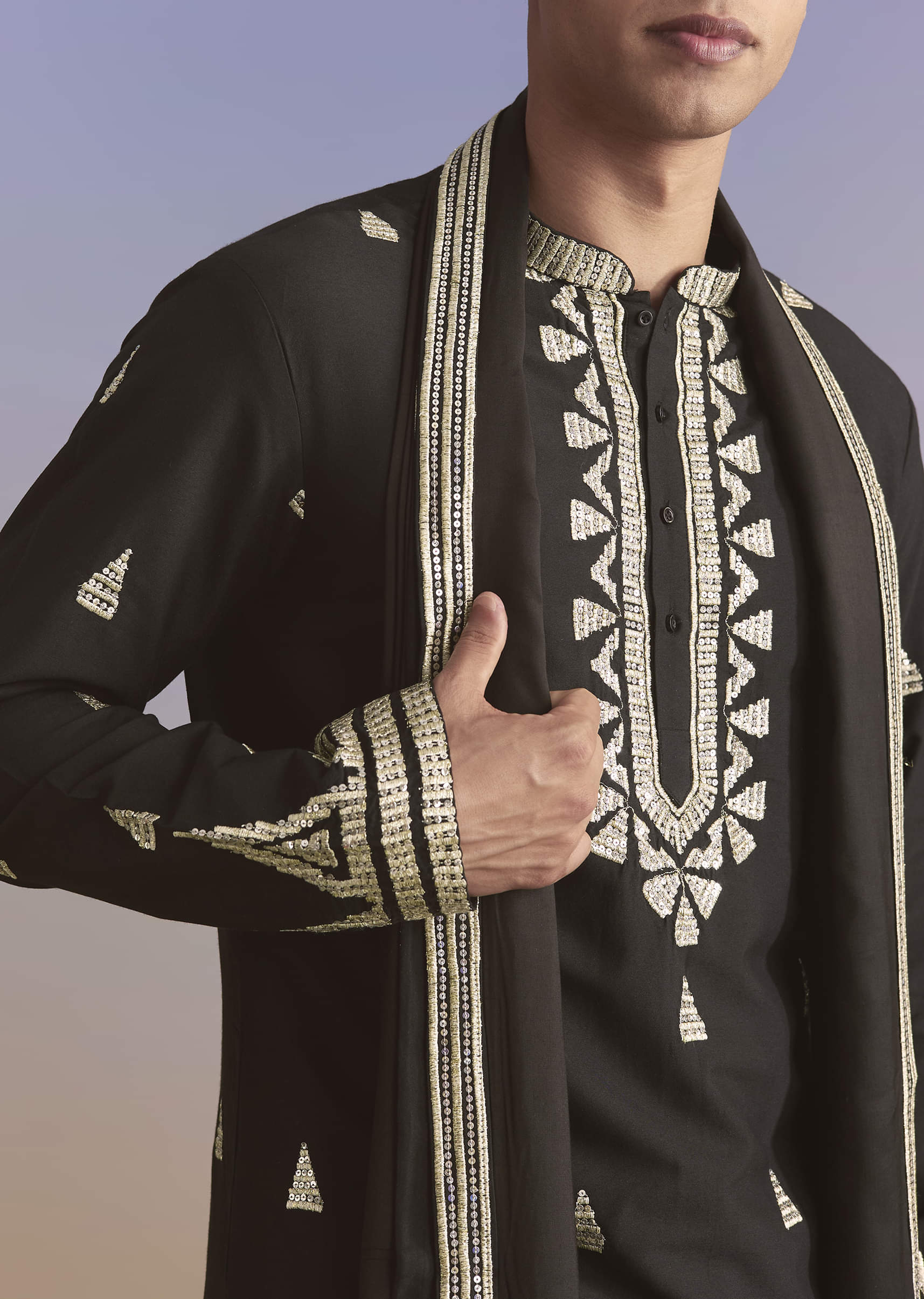 Black Silk Kurta Set For Men With Zari And Sequins Work - Image 2