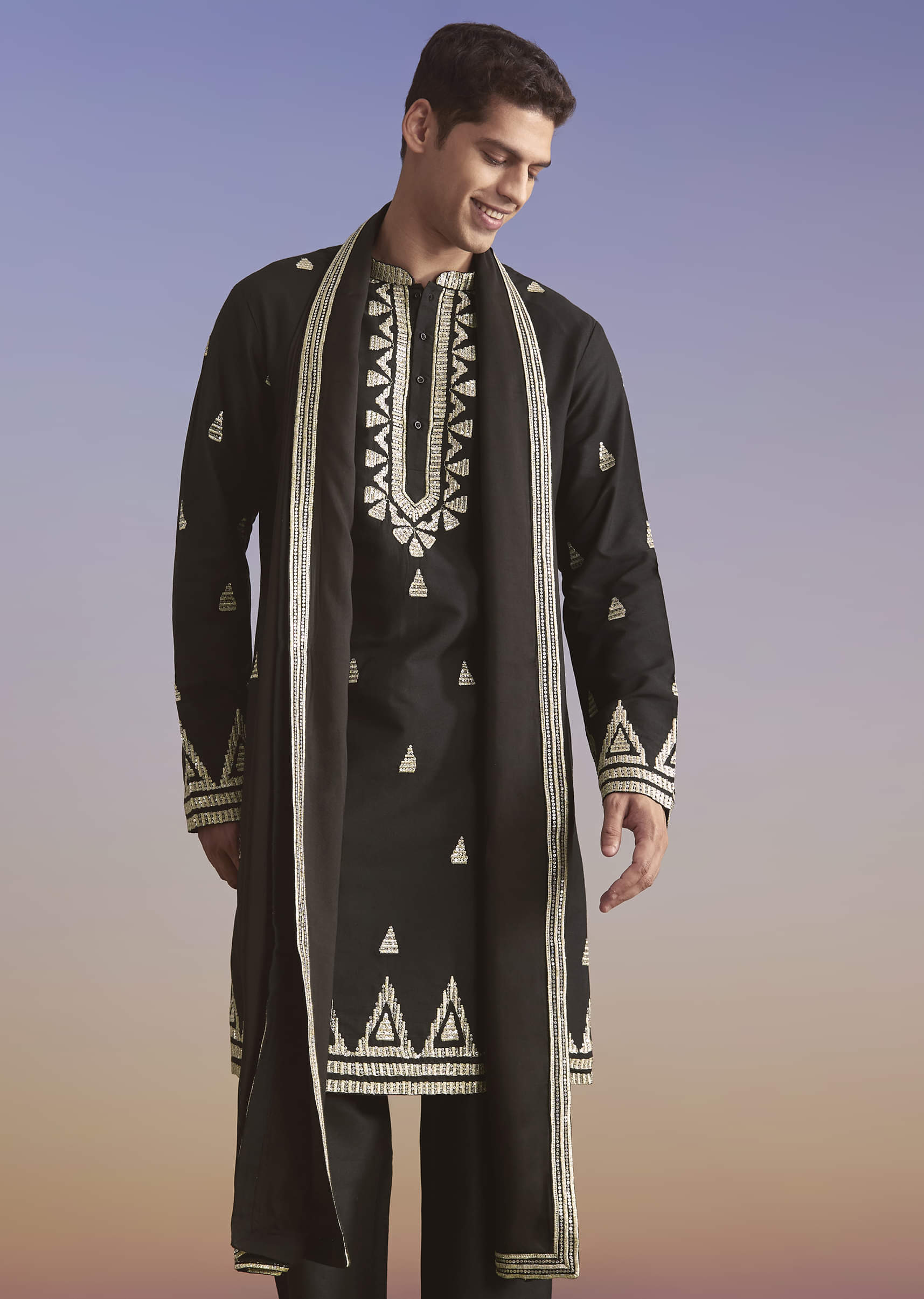 Black Silk Kurta Set For Men With Zari And Sequins Work - Image 4