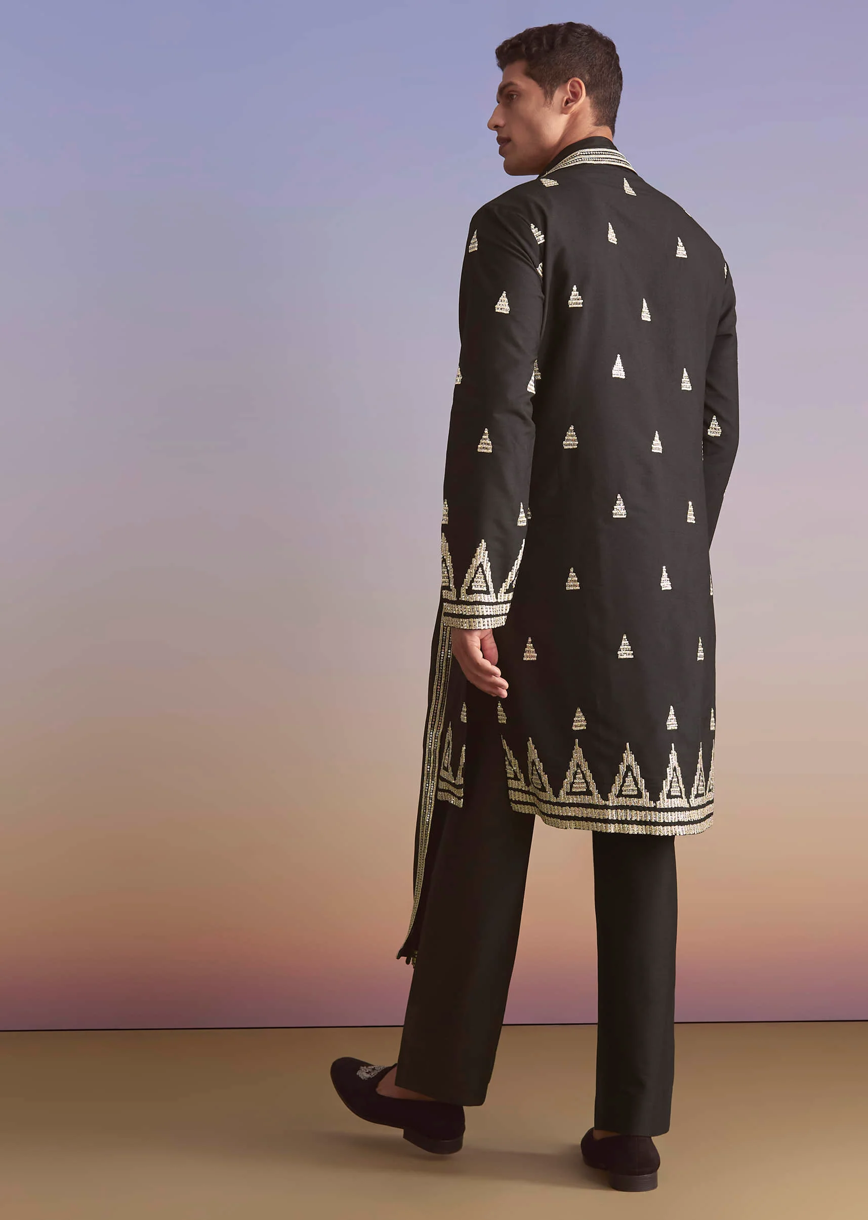 Black Silk Kurta Set For Men With Zari And Sequins Work - Image 5