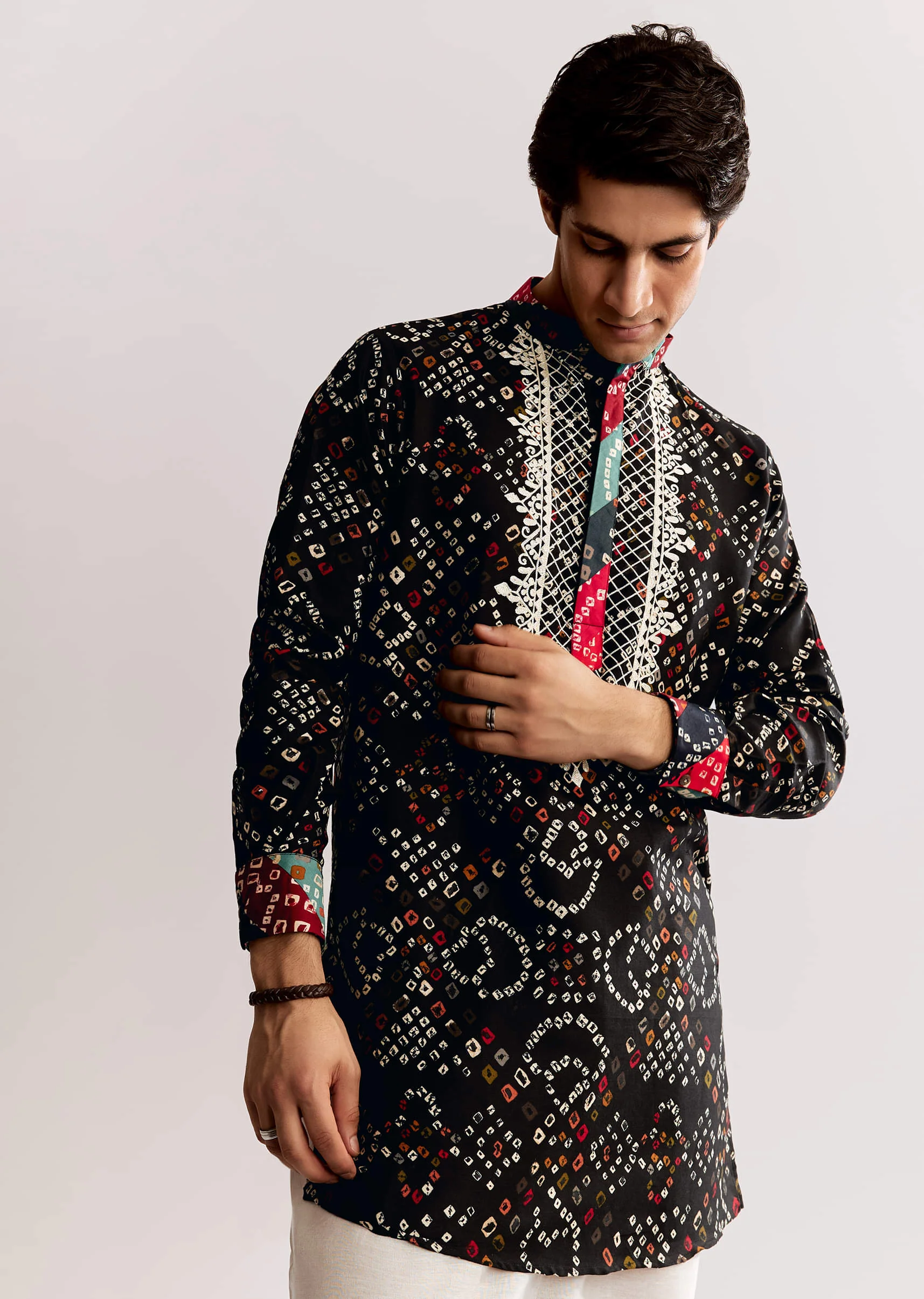 Black Silk Kurta Set With Bandhani Print - Image 3