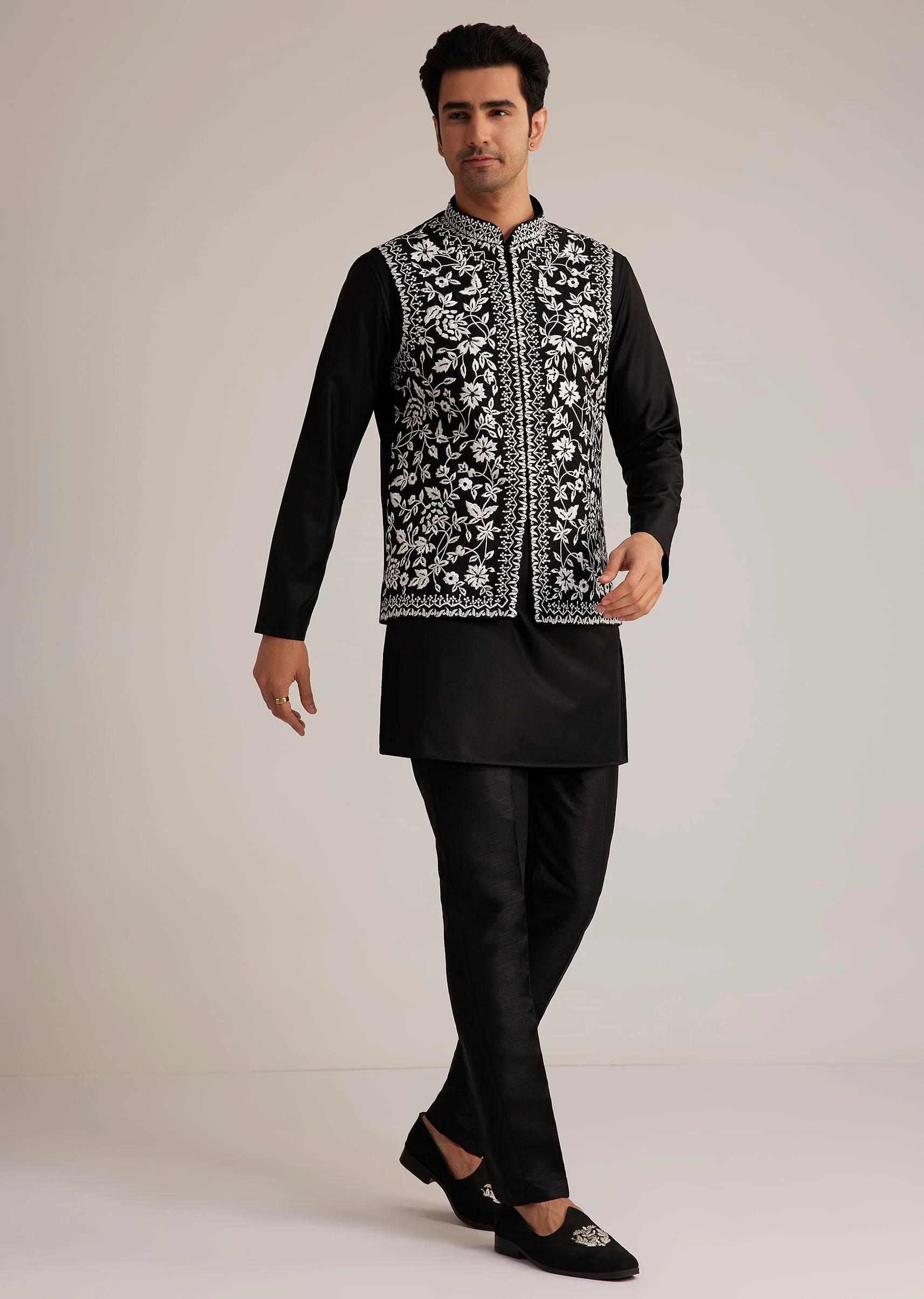Black Silk Kurta Set With Embroidered Nehru Jacket - Image 2