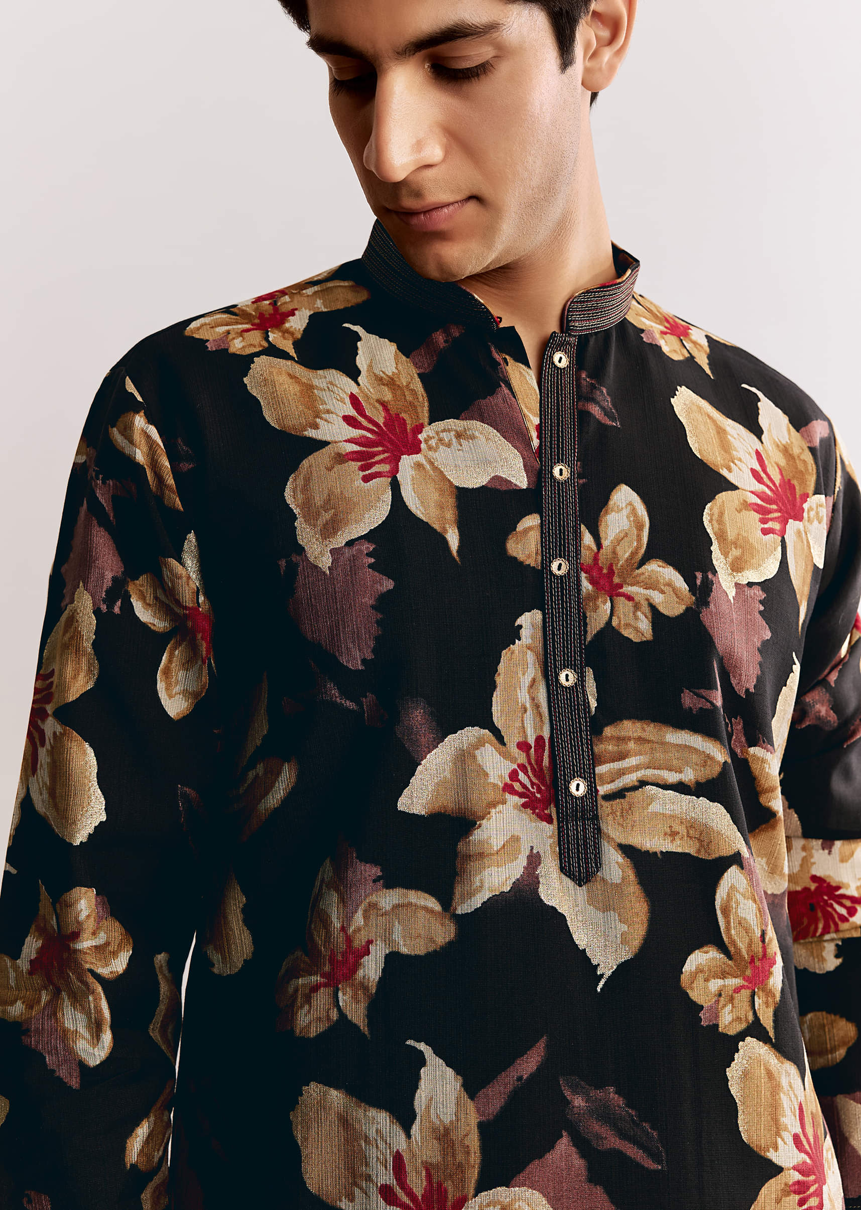 Black Silk Kurta Set With Floral Print - Image 2