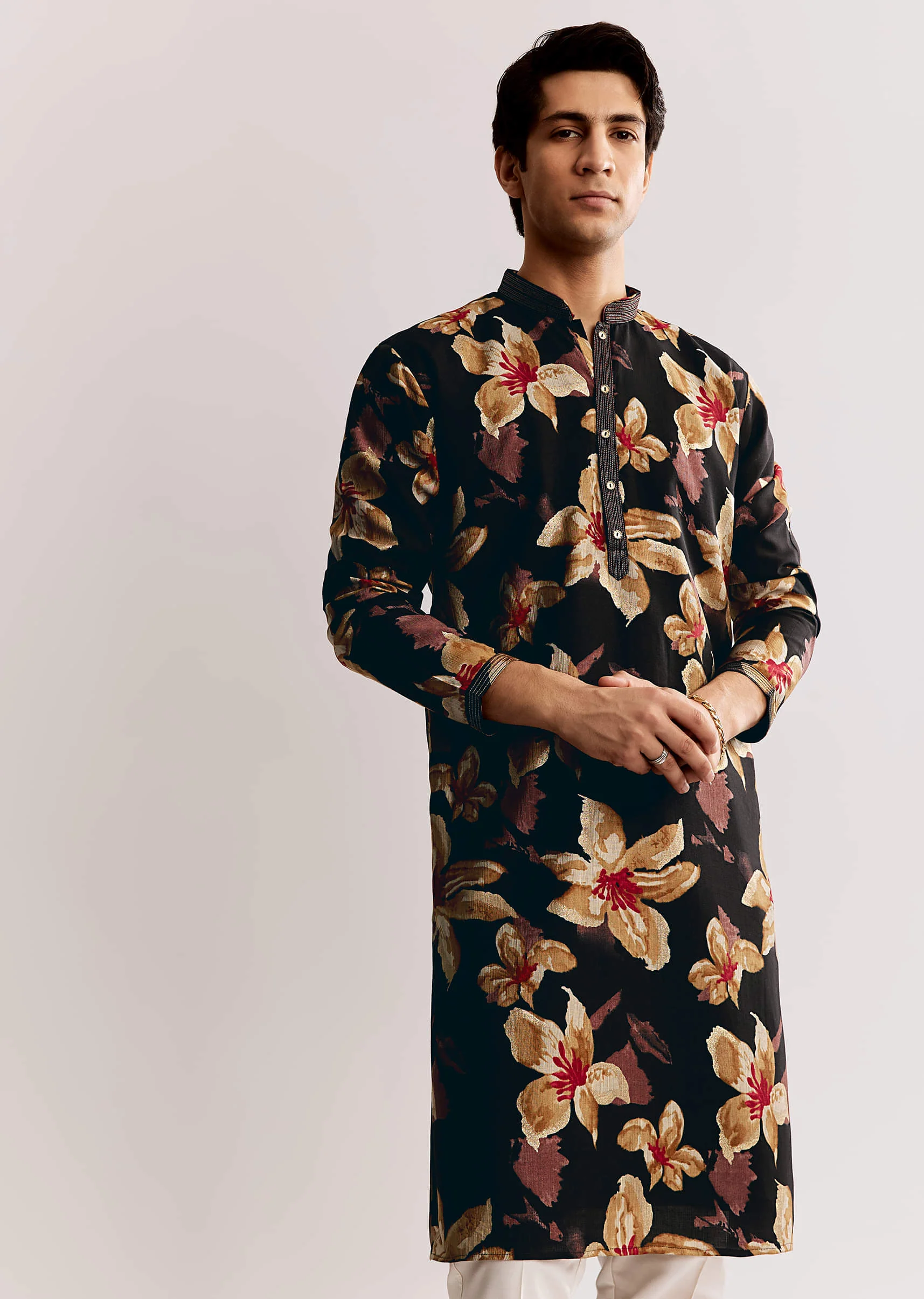 Black Silk Kurta Set With Floral Print - Image 3