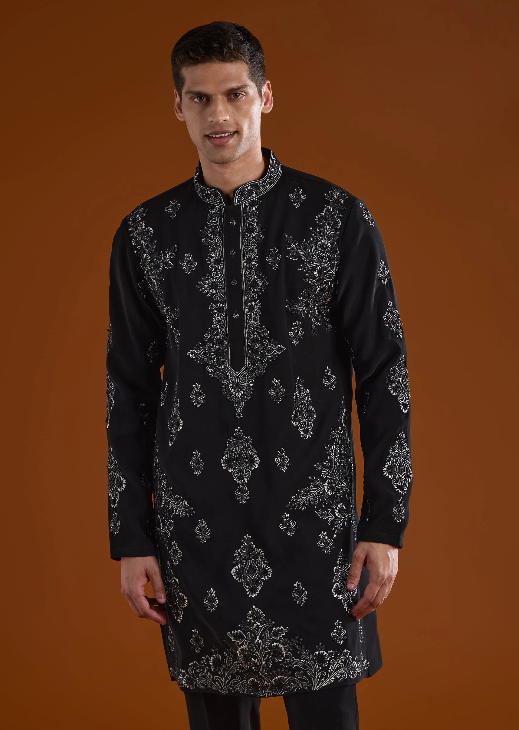 Black Silk Kurta Set With Thread And Cut Dana Work - Image 4