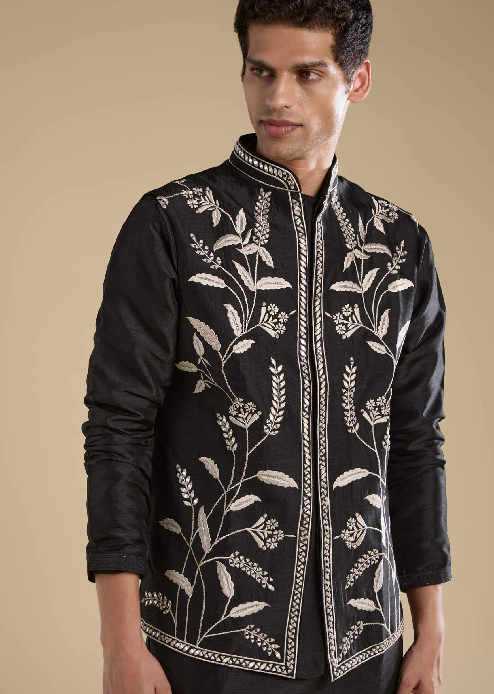 Black Silk Mirror Work Mens Jacket Kurta and Pant Set