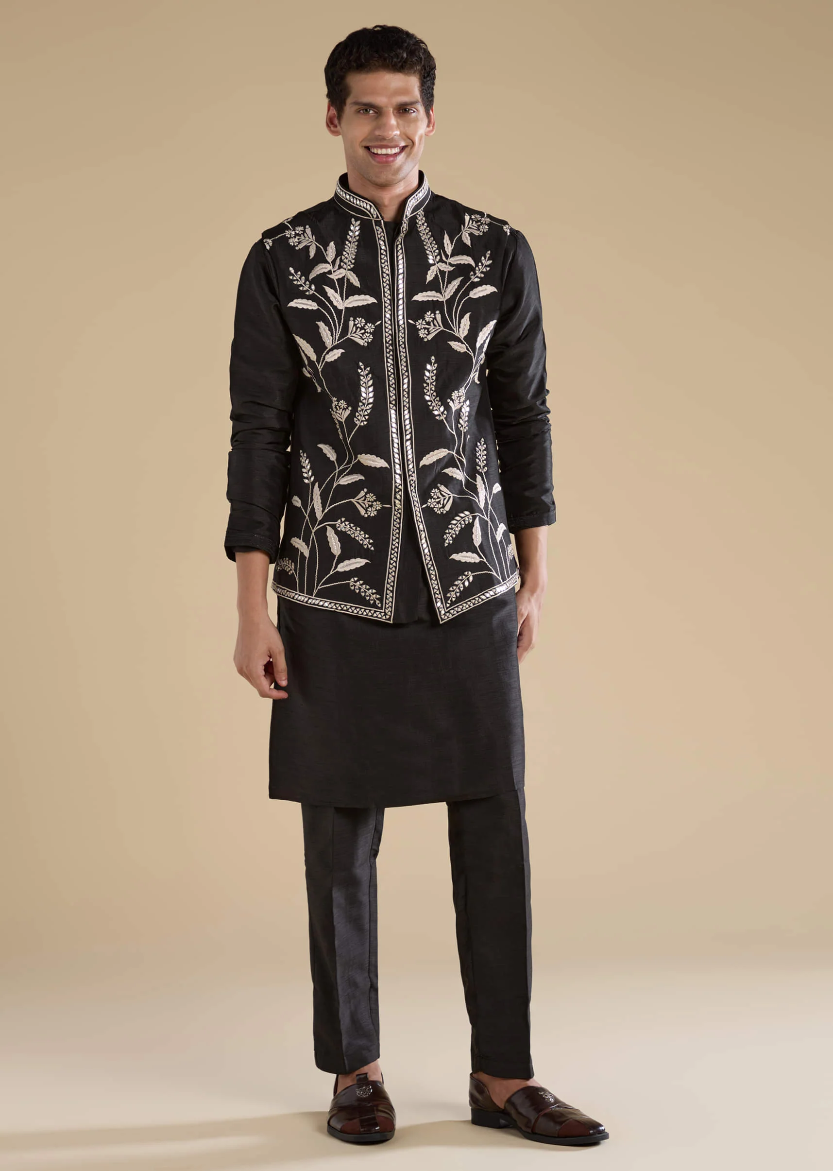 Black Silk Mirror Work Mens Jacket Kurta and Pant Set - Image 2