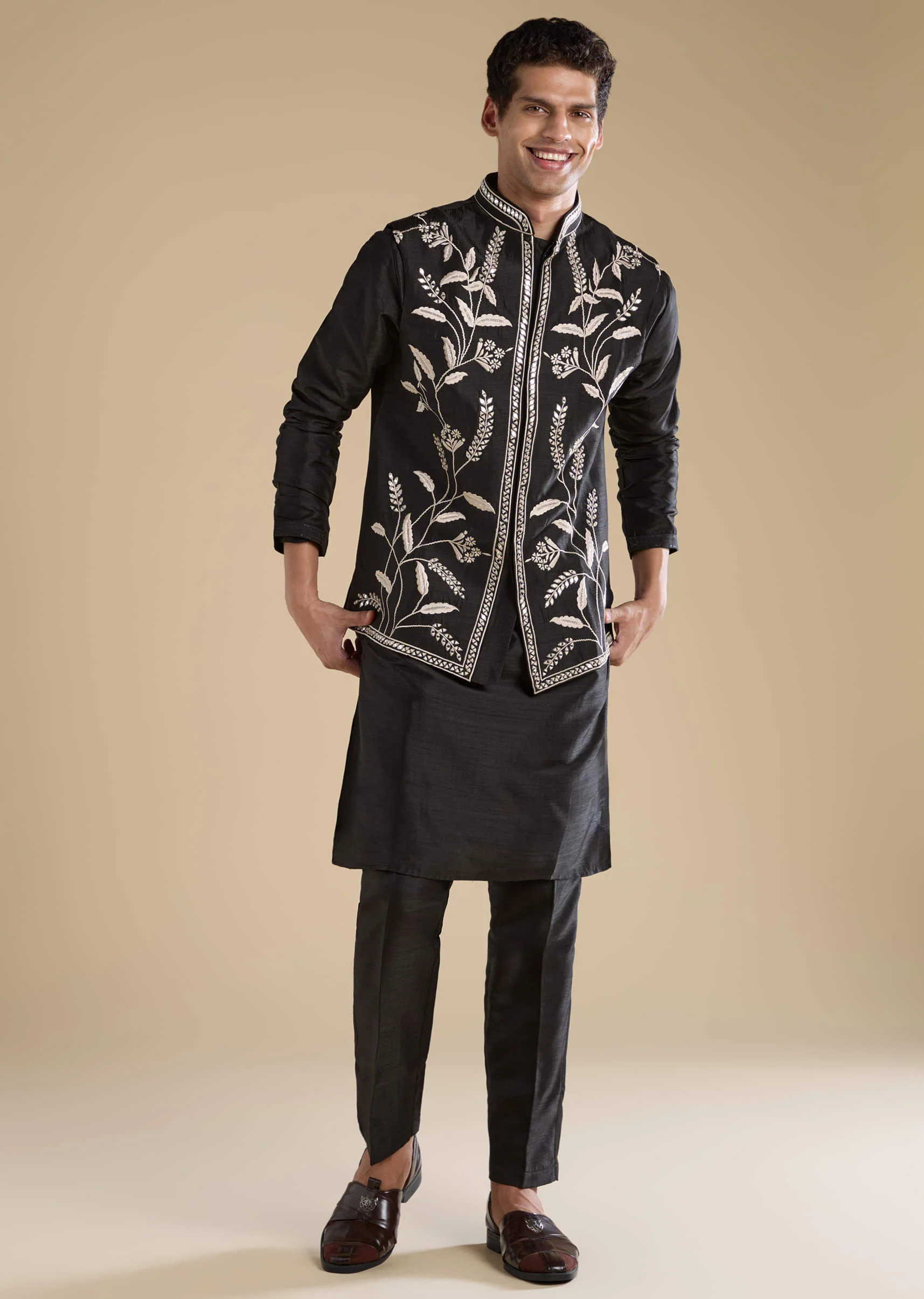 Black Silk Mirror Work Mens Jacket Kurta and Pant Set - Image 4