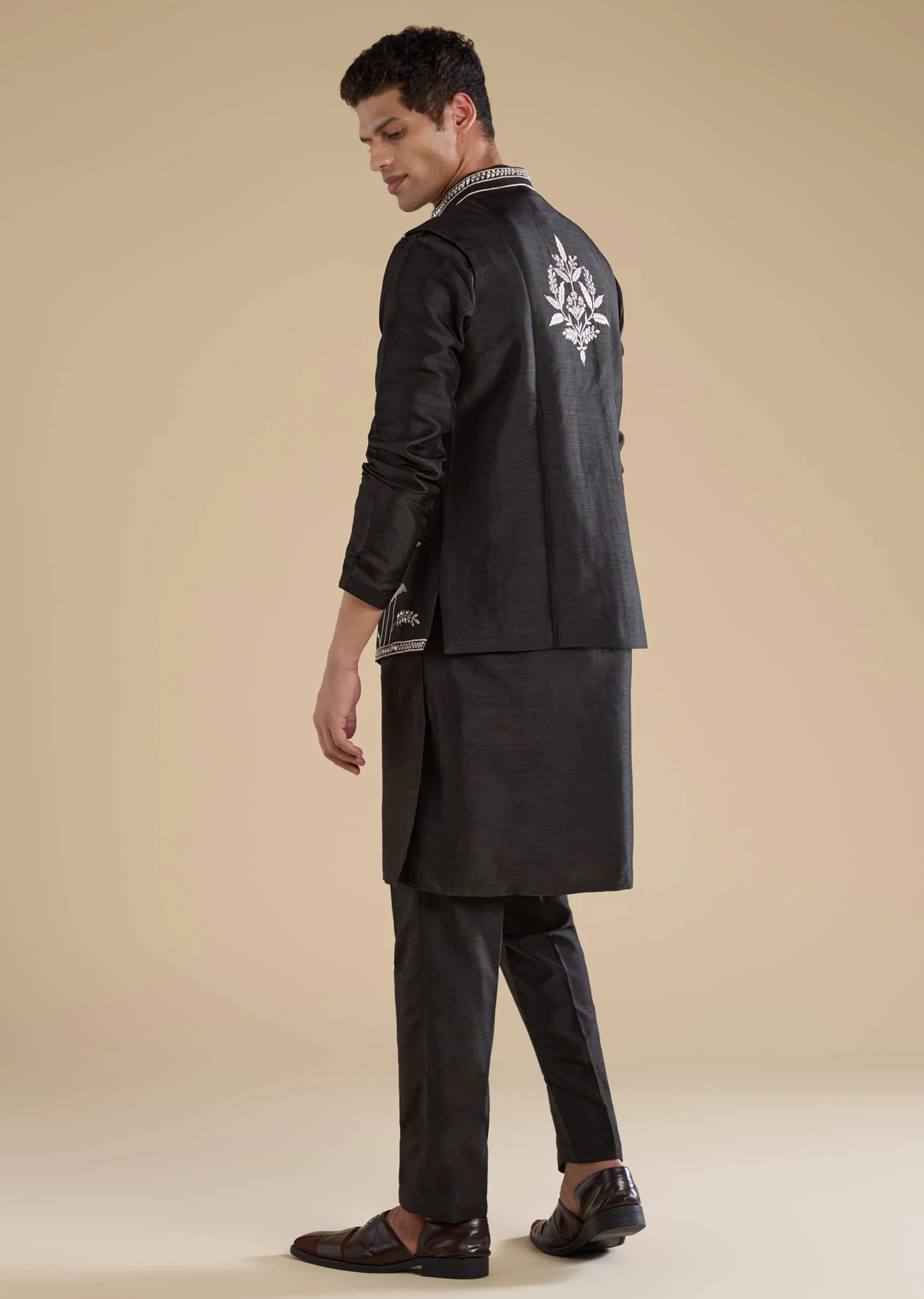Black Silk Mirror Work Mens Jacket Kurta and Pant Set - Image 5