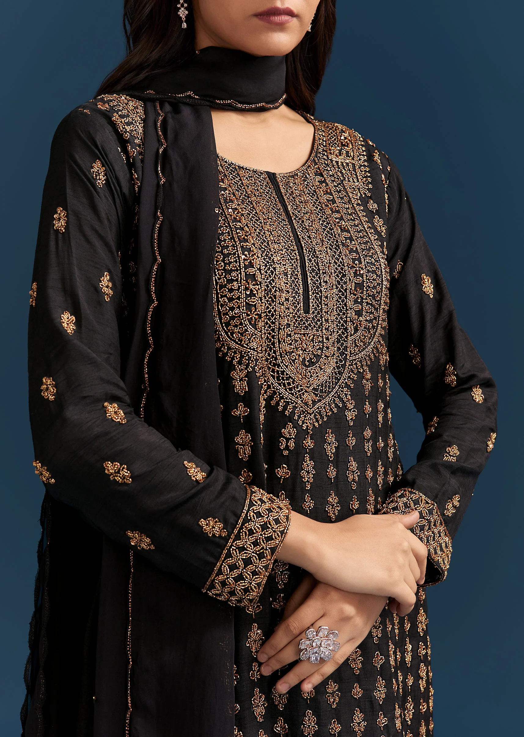 Black Silk Palazzo Suit With Embroidered Cut Dana Work And Dupatta - Image 2