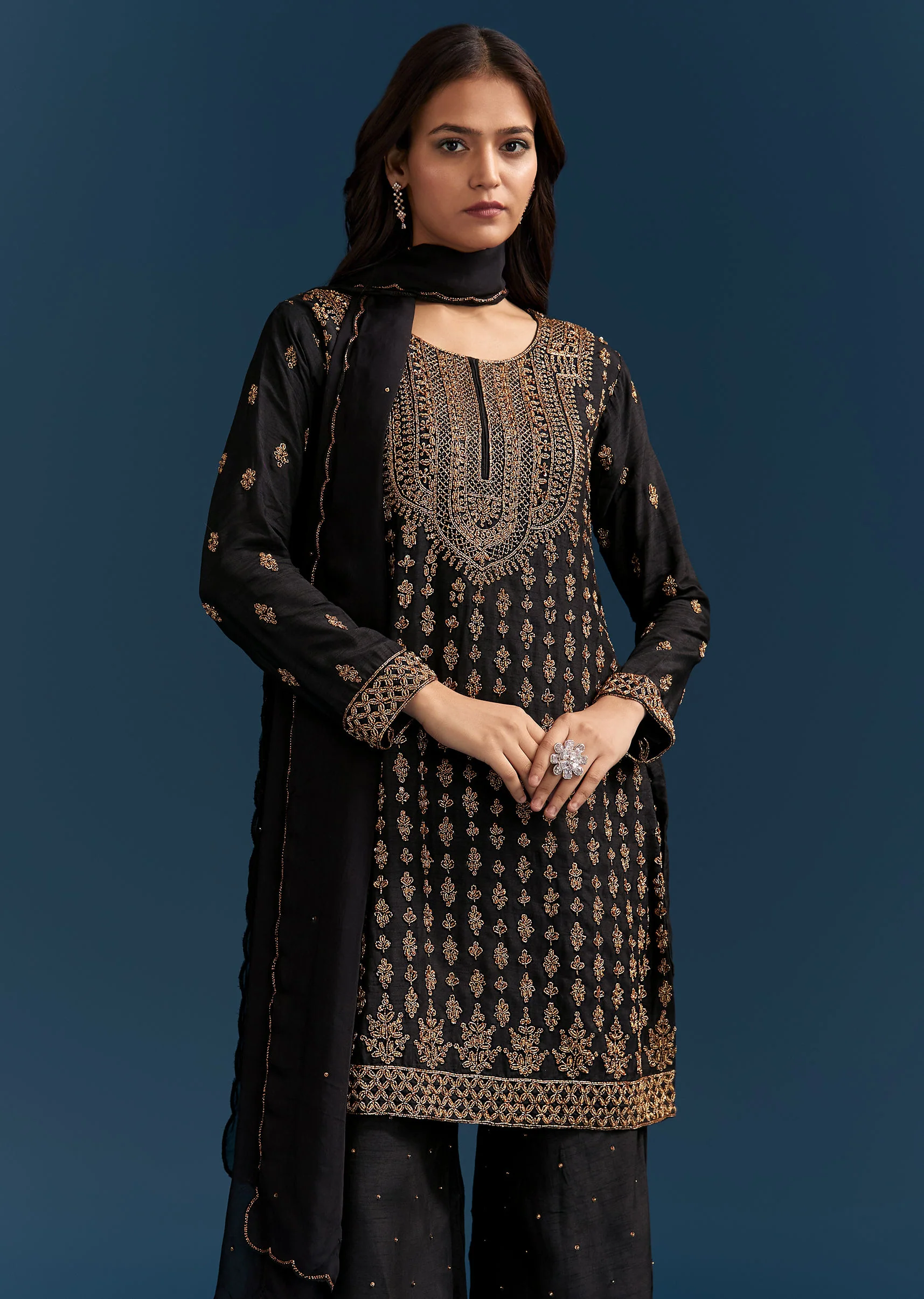 Black Silk Palazzo Suit With Embroidered Cut Dana Work And Dupatta - Image 3