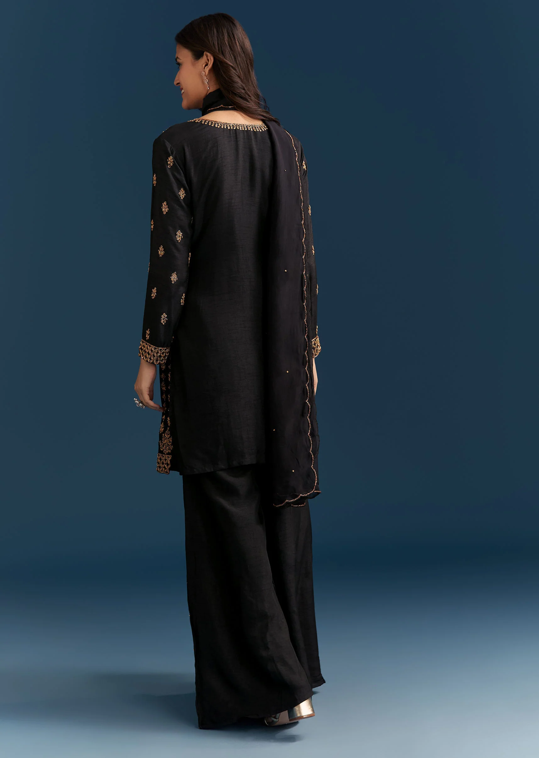 Black Silk Palazzo Suit With Embroidered Cut Dana Work And Dupatta - Image 6