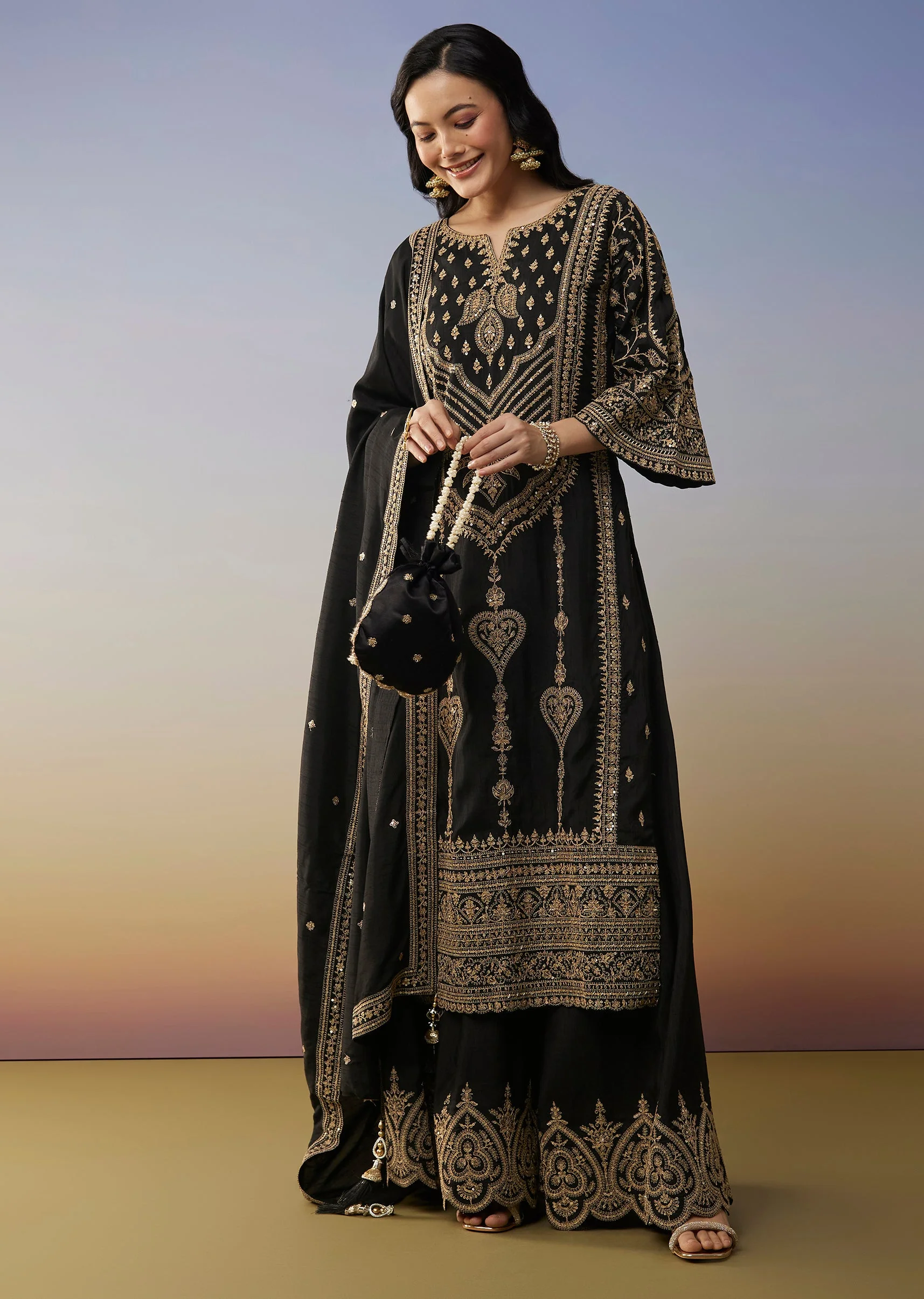 Black Silk Palazzo Suits with Zari Thread and Sequins Work - Image 3