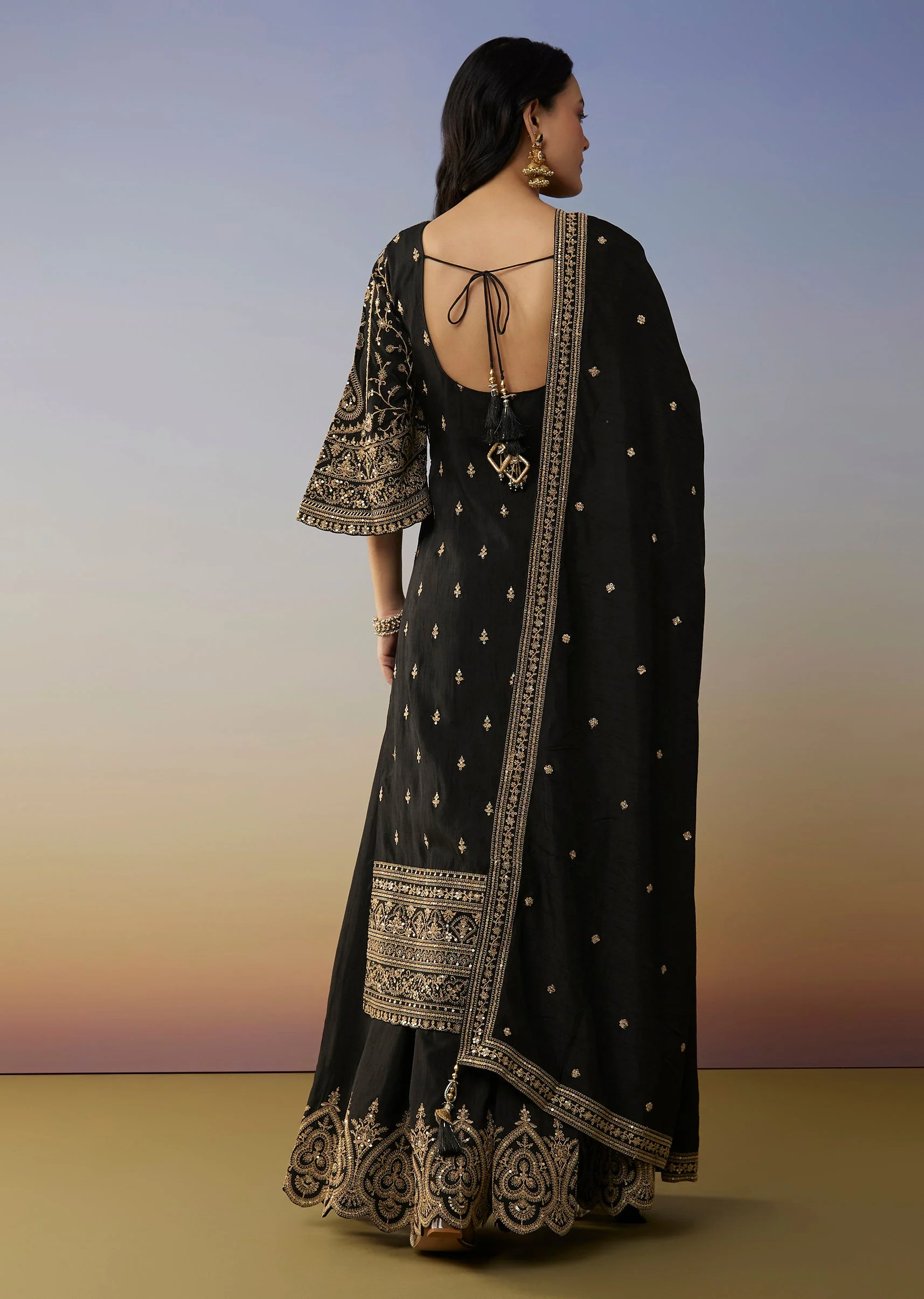 Black Silk Palazzo Suits with Zari Thread and Sequins Work - Image 5