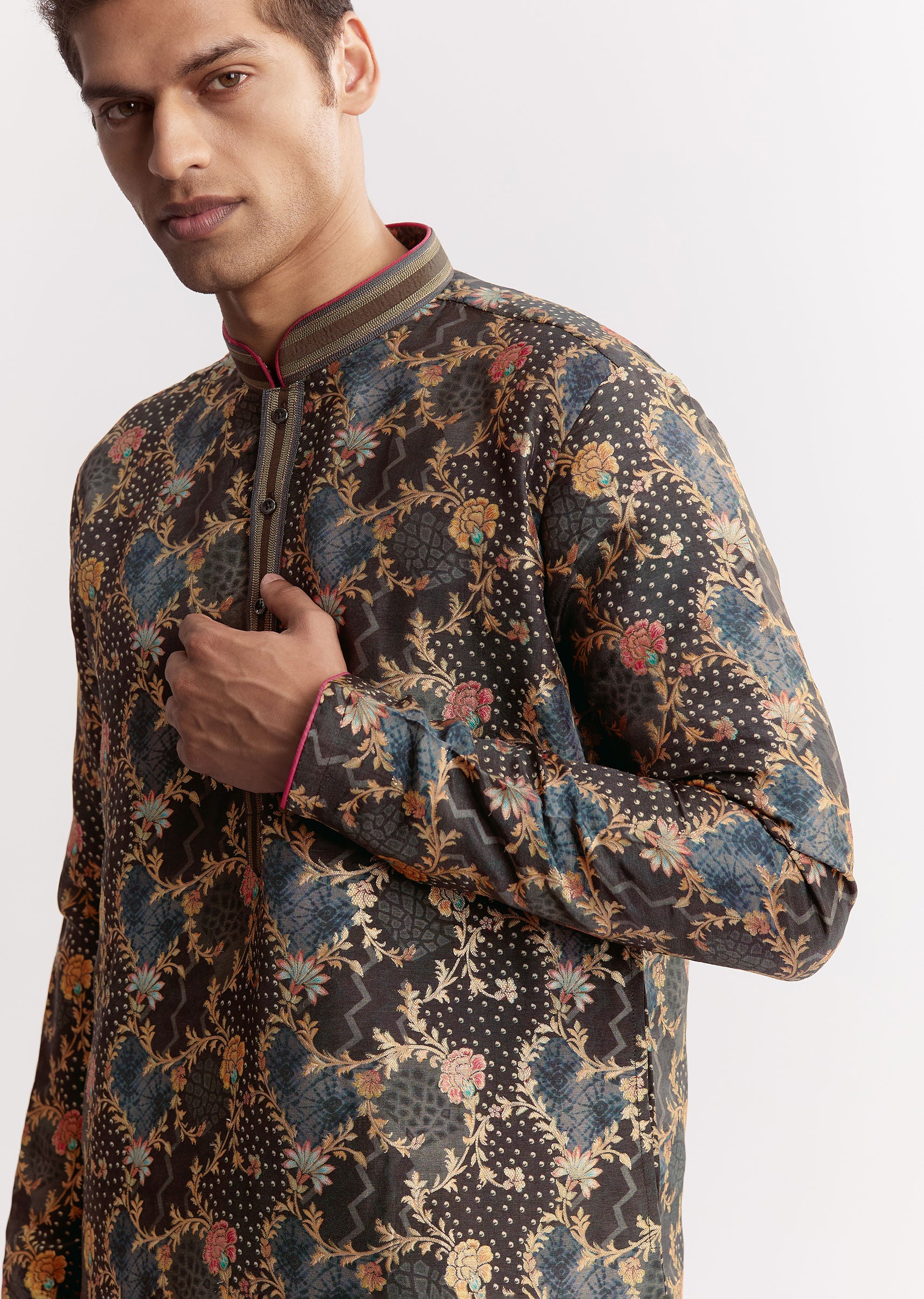 Black Silk Printed Kurta Set - Image 2