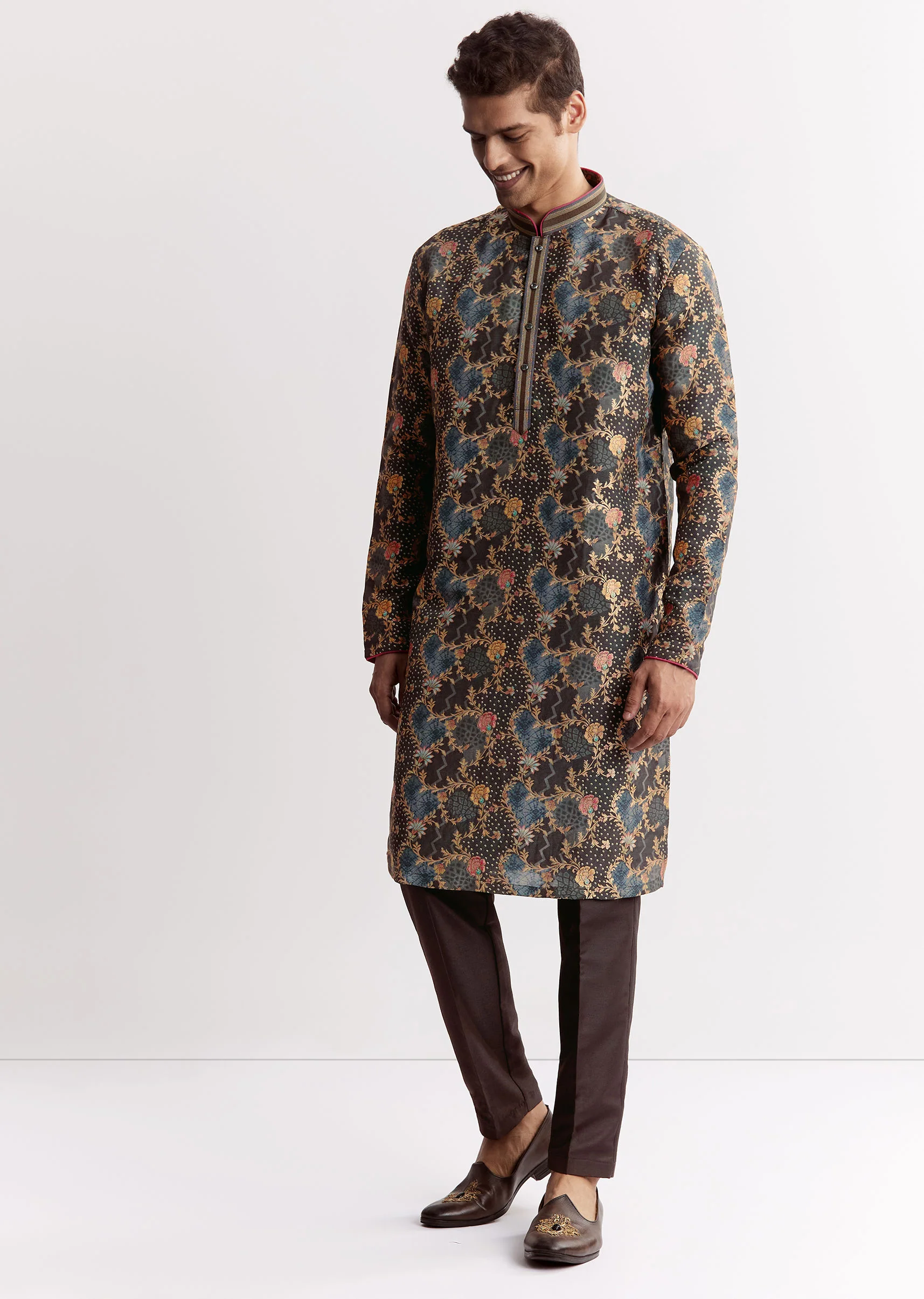 Black Silk Printed Kurta Set - Image 3