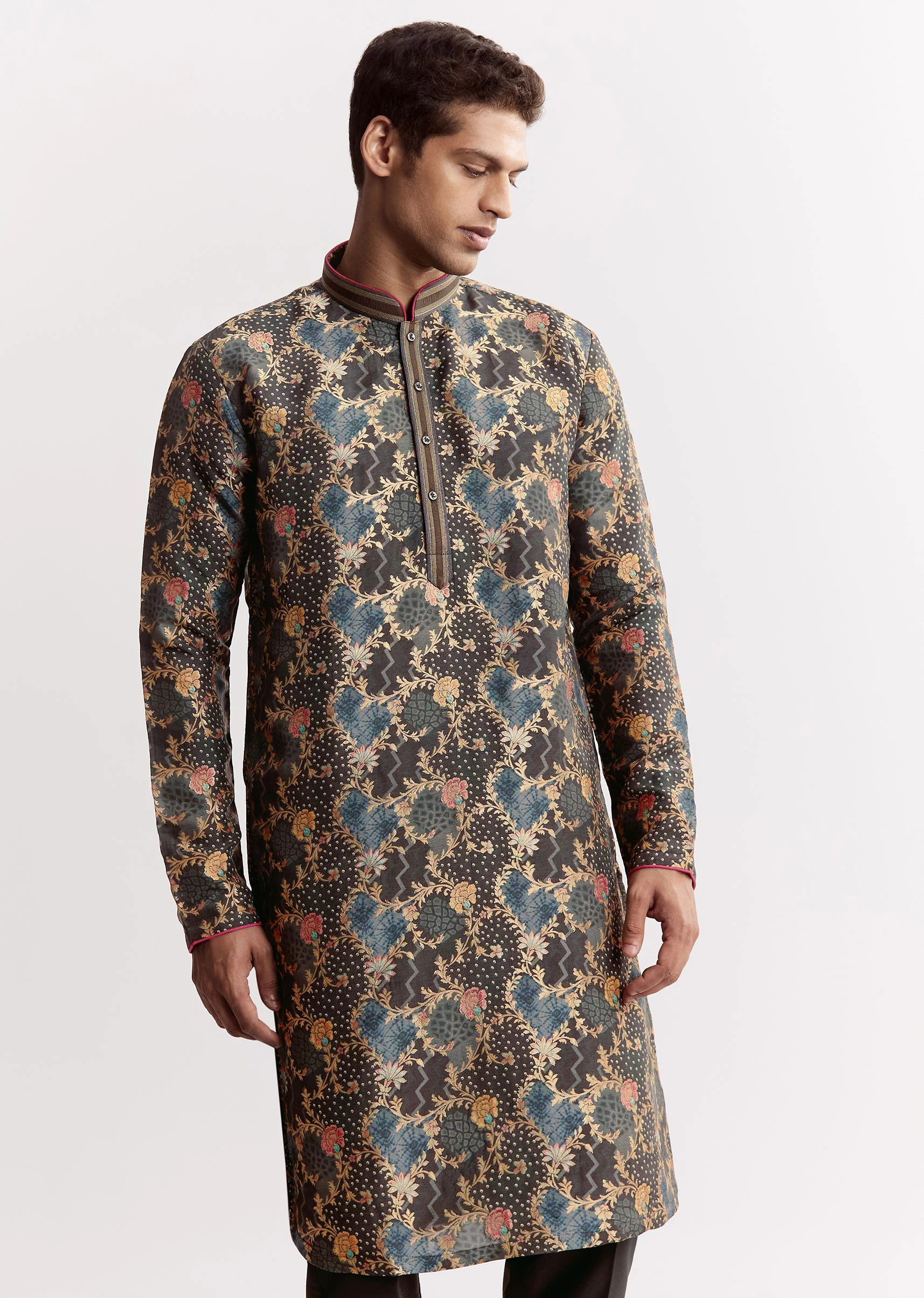 Black Silk Printed Kurta Set - Image 4