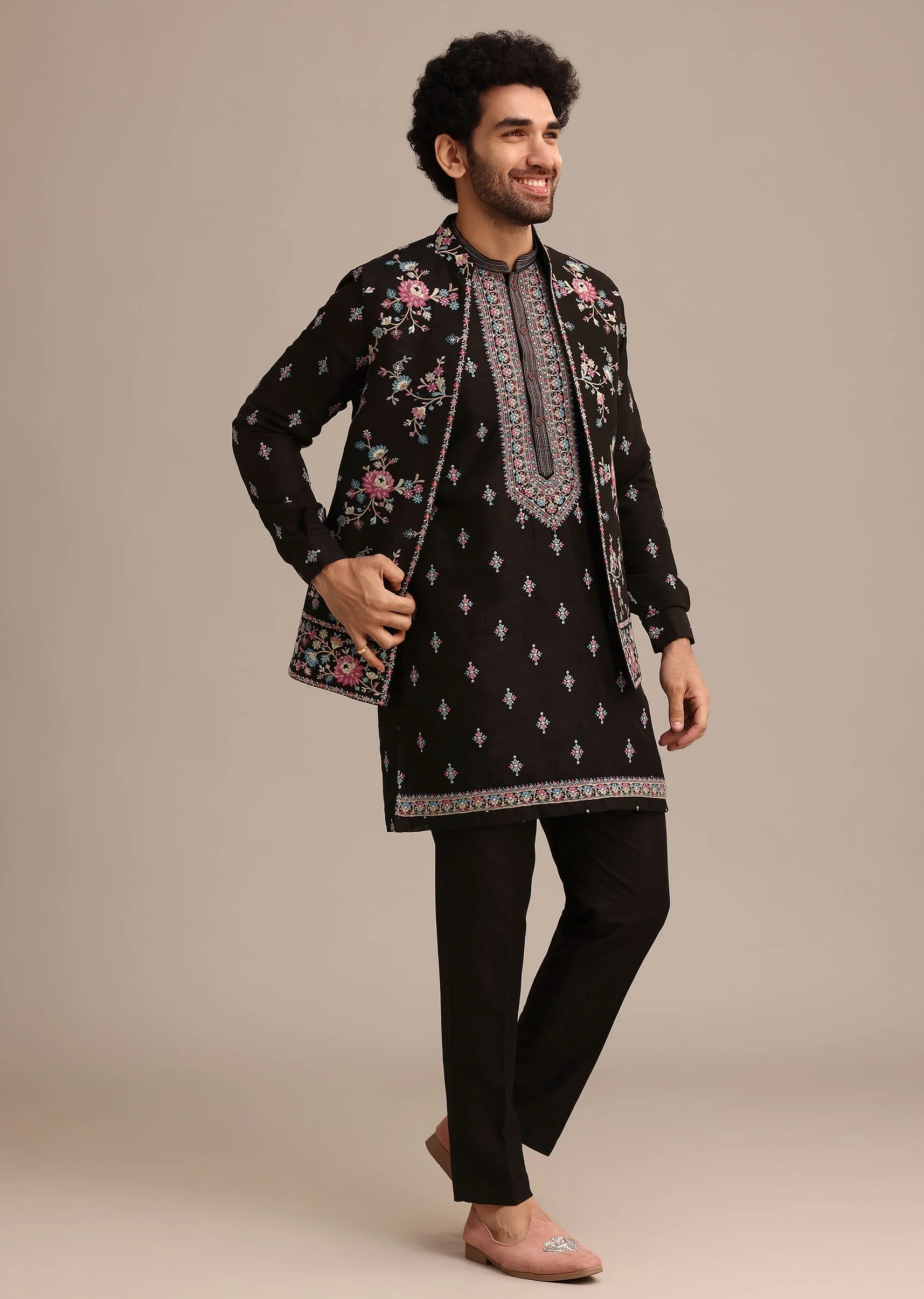 Black Silk Resham Embroidered Kurta Jacket Set - Image 3