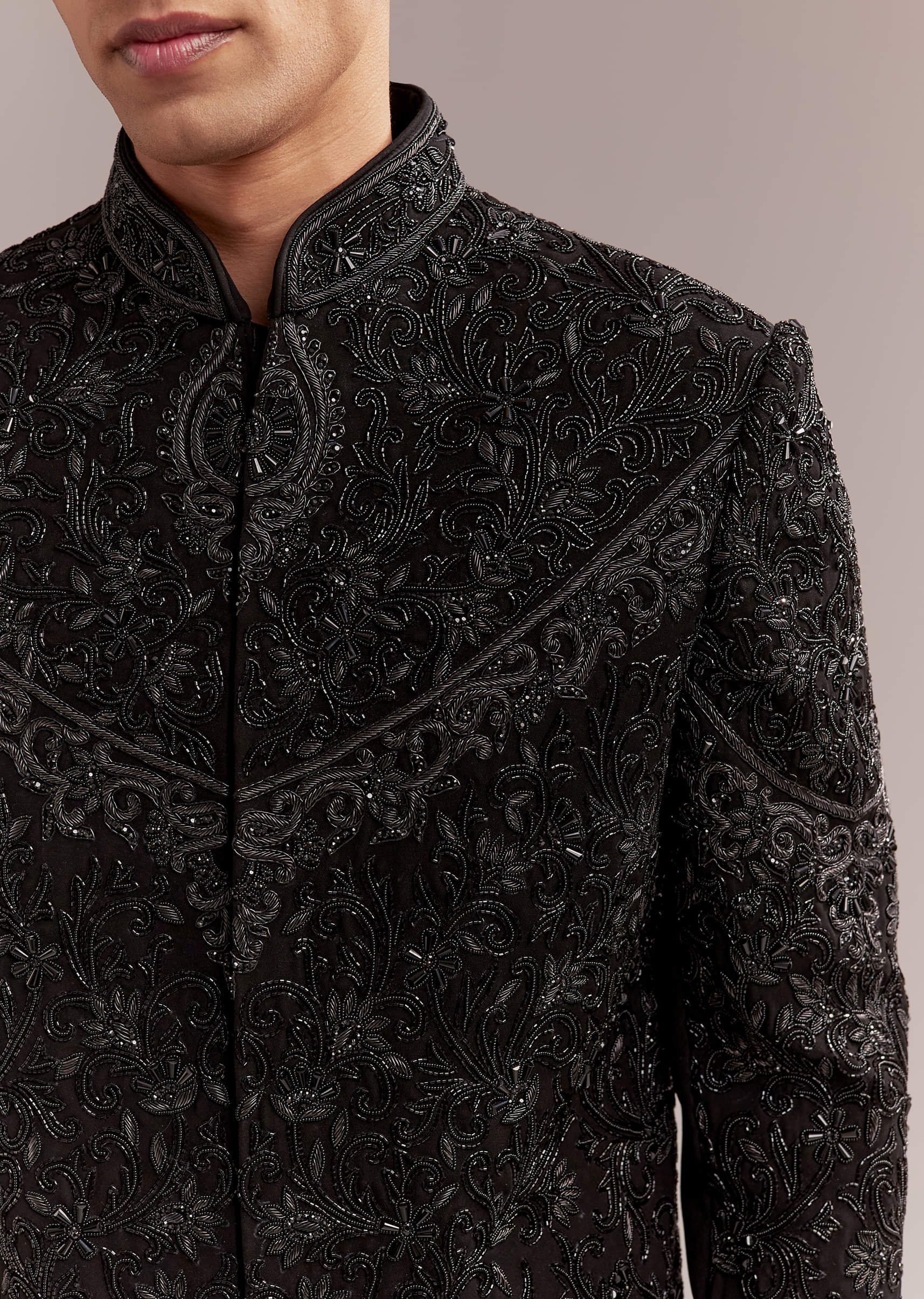 Black Silk Sherwani For Groom With Intricate Embroidery - Image 2