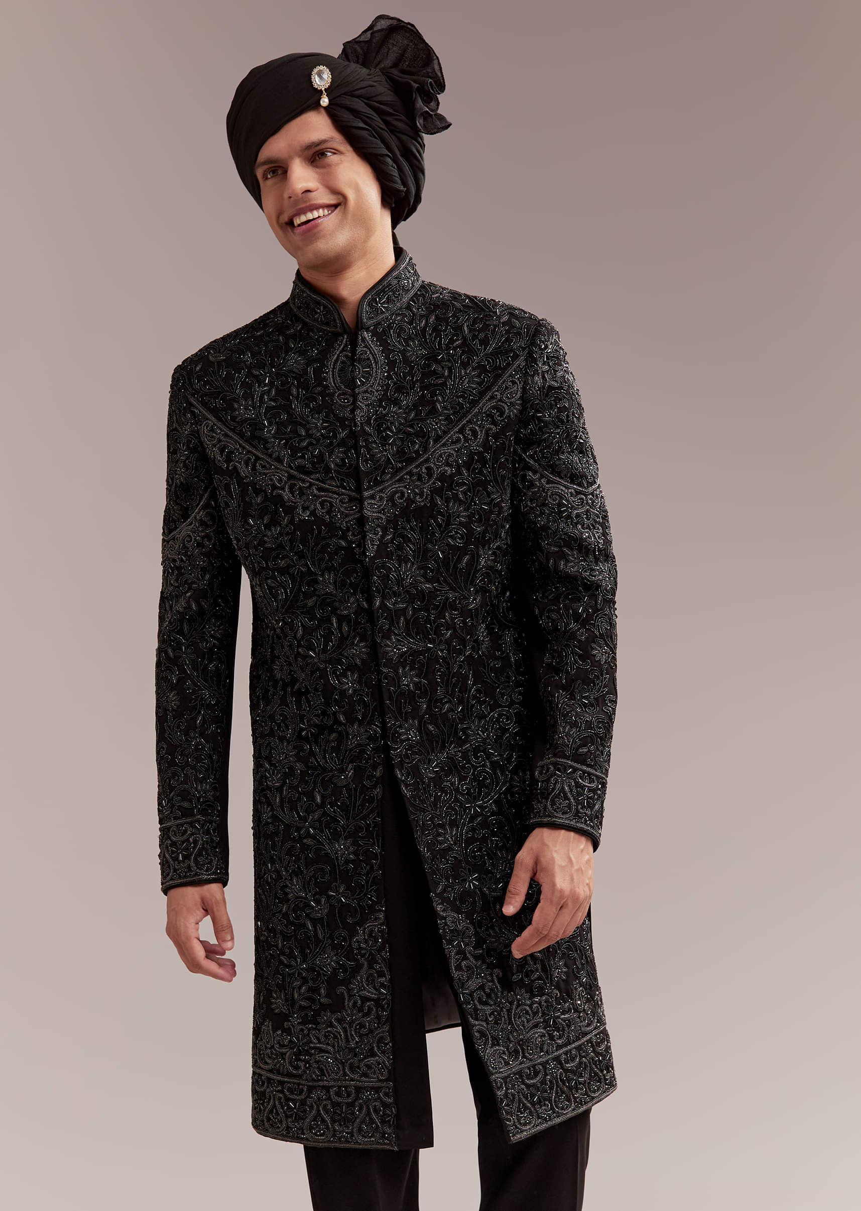 Black Silk Sherwani For Groom With Intricate Embroidery - Image 4
