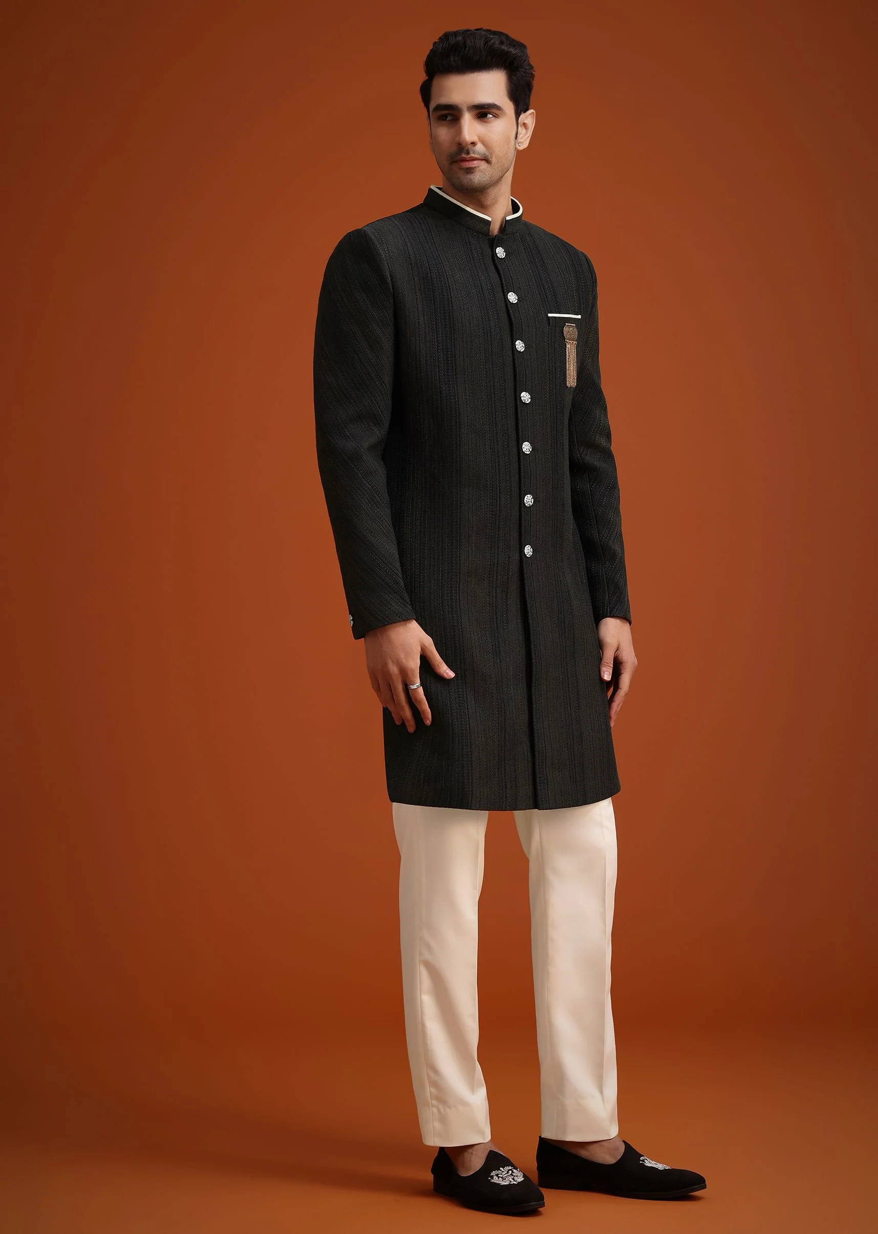 Black Silk Sherwani Set - Image 2