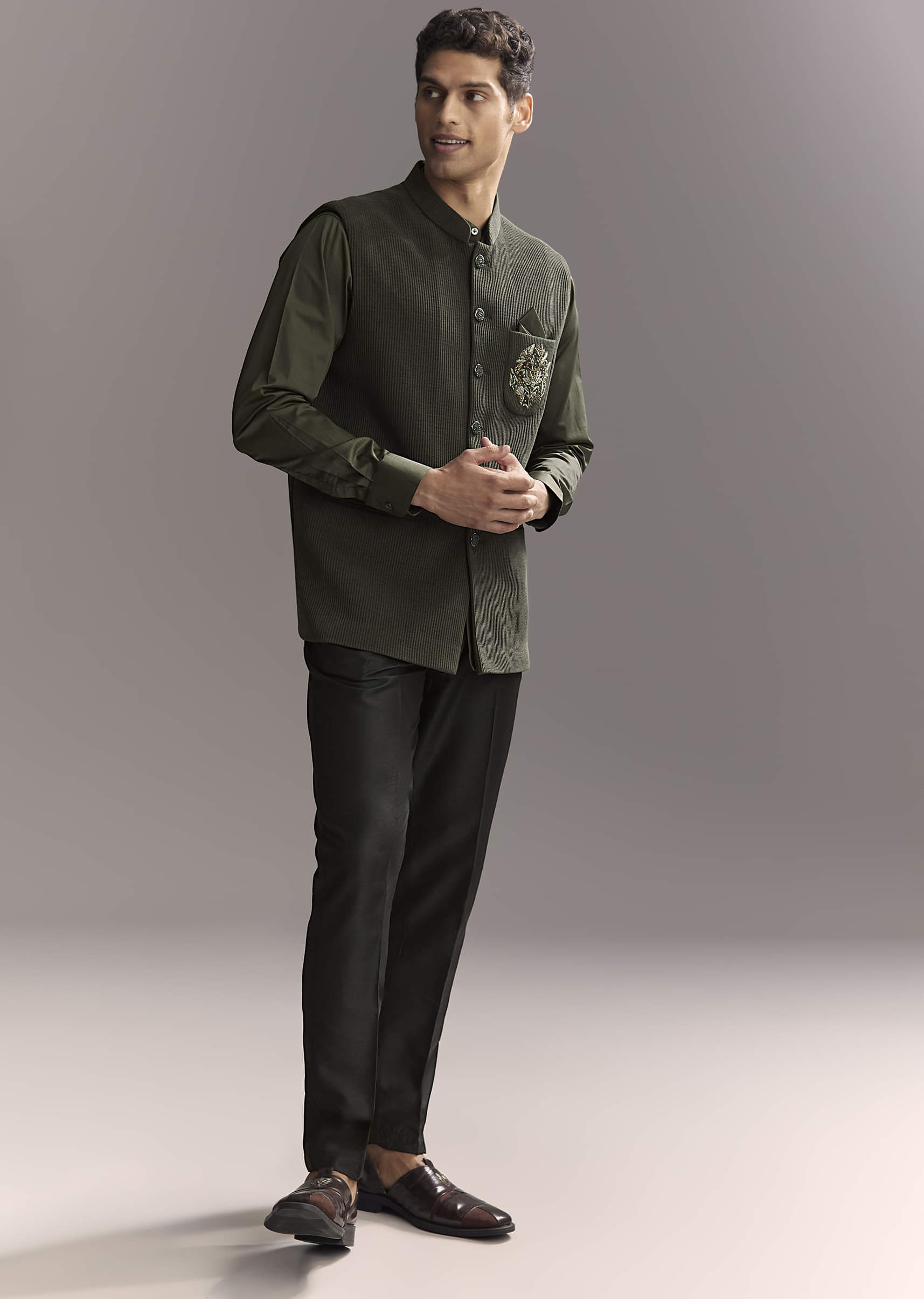 Black Silk Shirt Jacket Set For Men With Heavy Hand Work