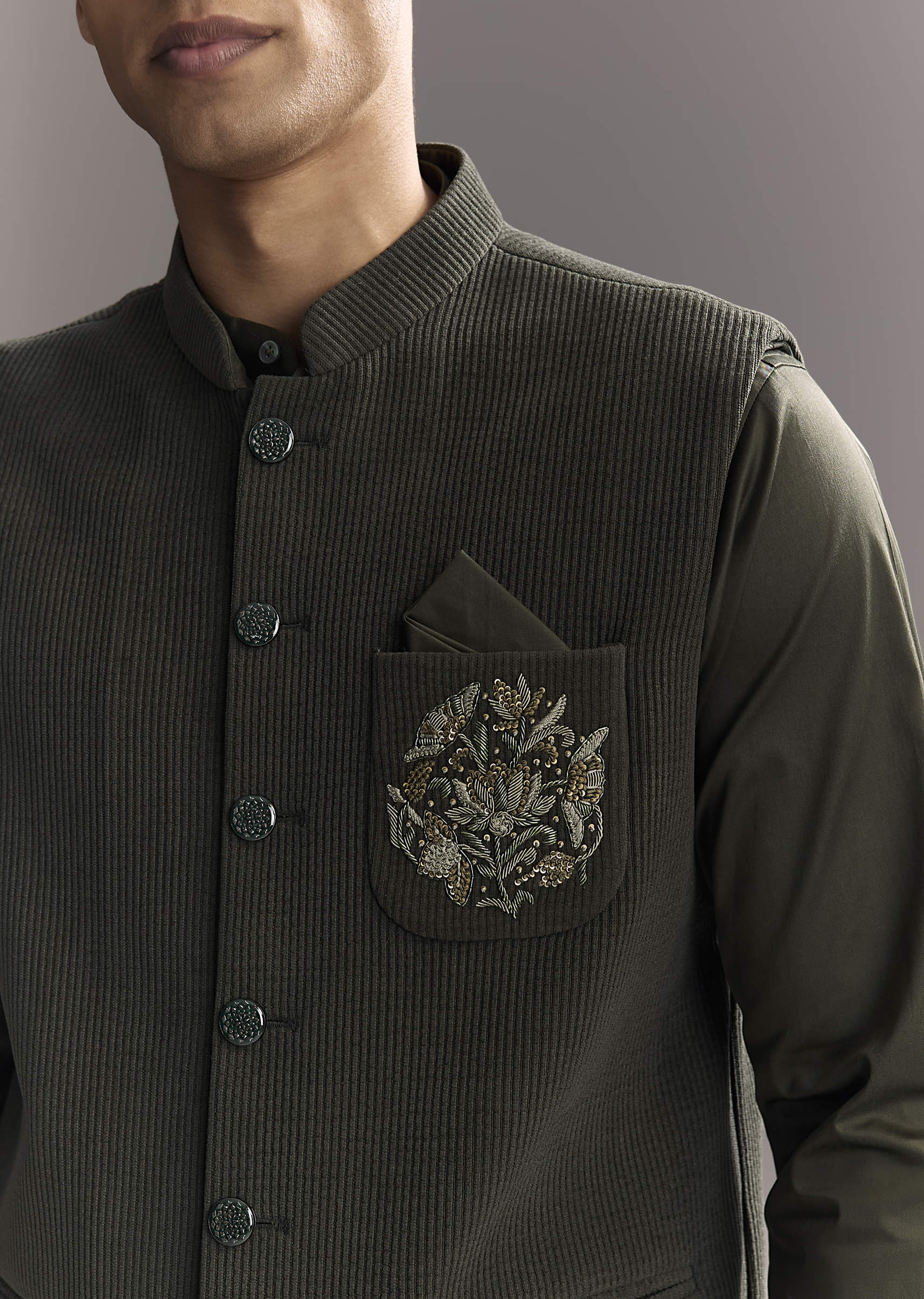 Black Silk Shirt Jacket Set For Men With Heavy Hand Work - Image 2