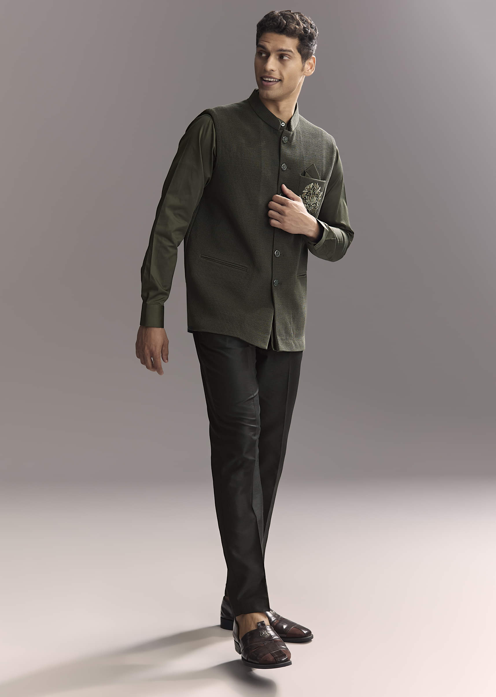 Black Silk Shirt Jacket Set For Men With Heavy Hand Work - Image 3