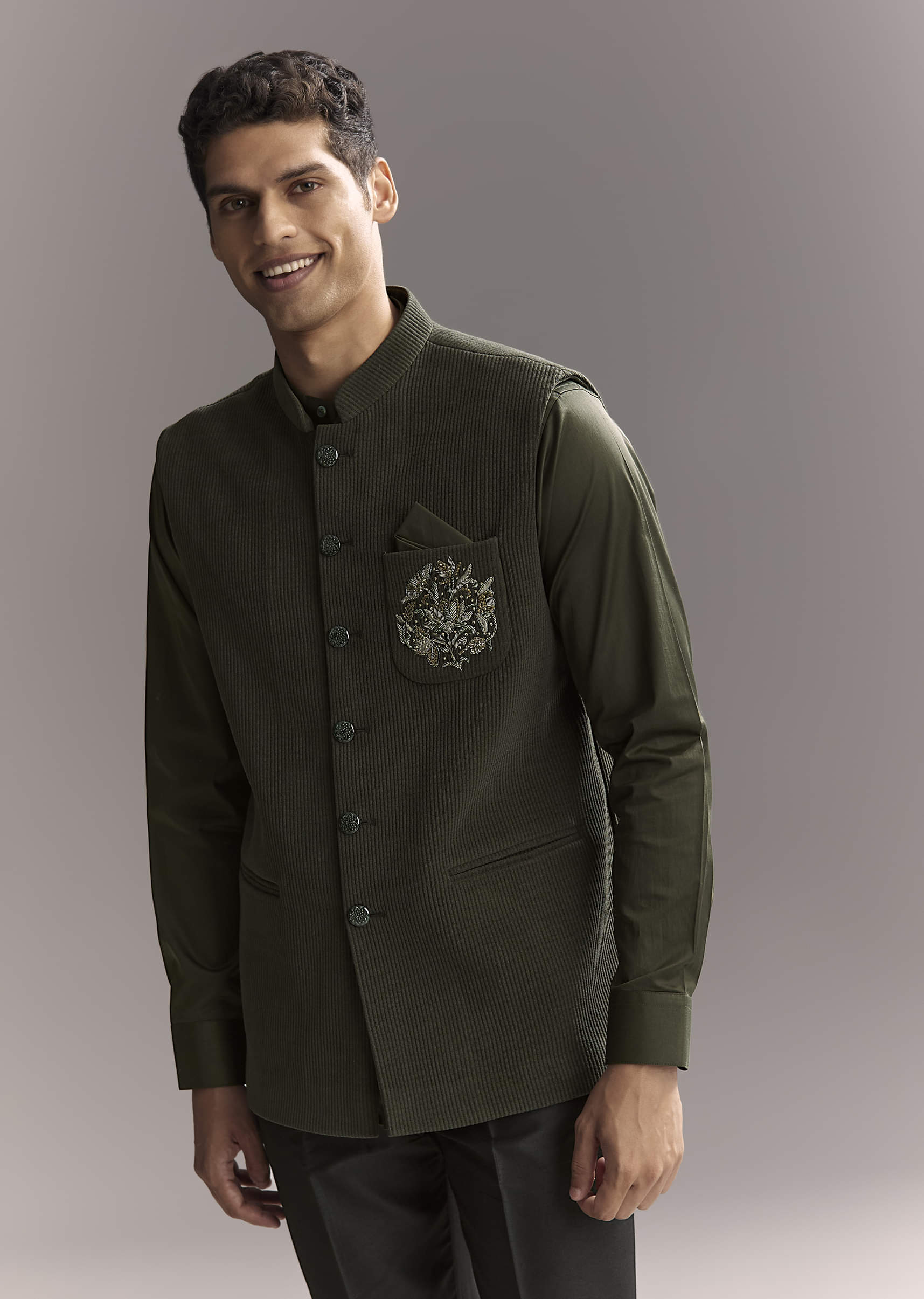 Black Silk Shirt Jacket Set For Men With Heavy Hand Work - Image 4