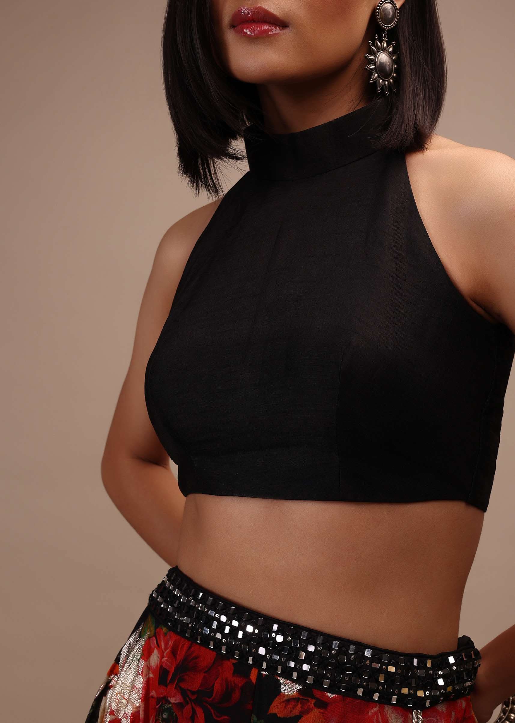 Black Sleeveless Blouse In A High Collar And A Halter Neckline Padded And Back-Zip Closure - Image 3