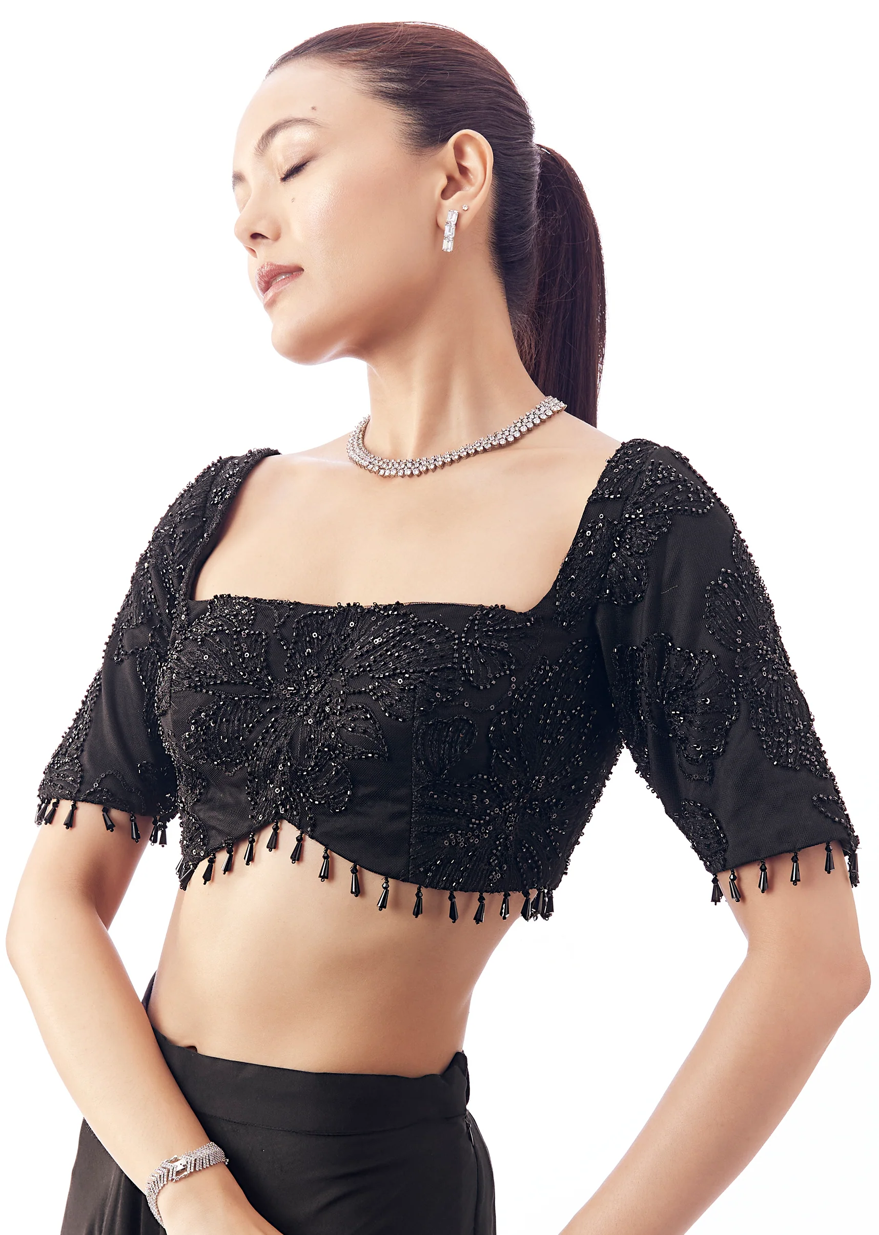 Black Square Neck Half Sleeve Fancy Neck Blouse - Image 2