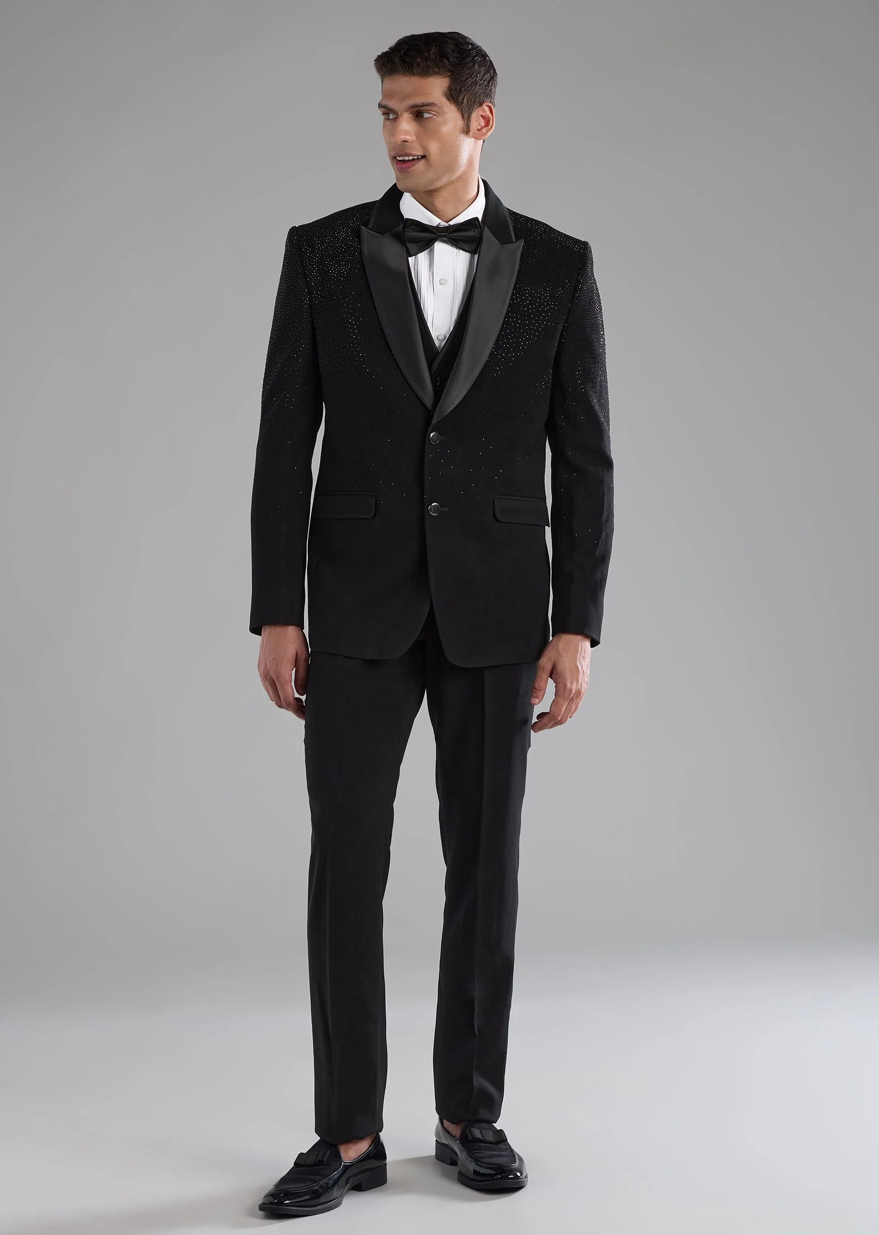 Black Stone Embellished Tuxedo and Bow Set - Image 4