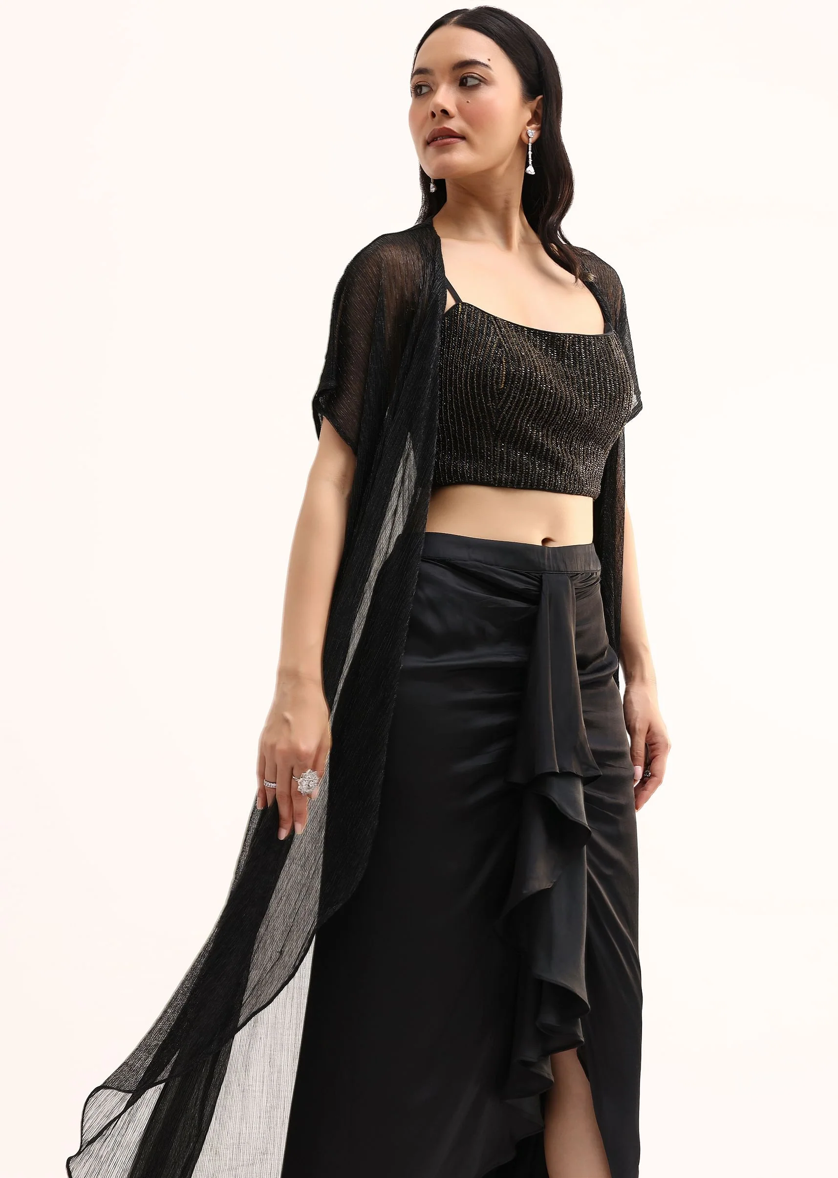 Black Stone Embroidered Silk Crop Top Set With Jacket - Image 4