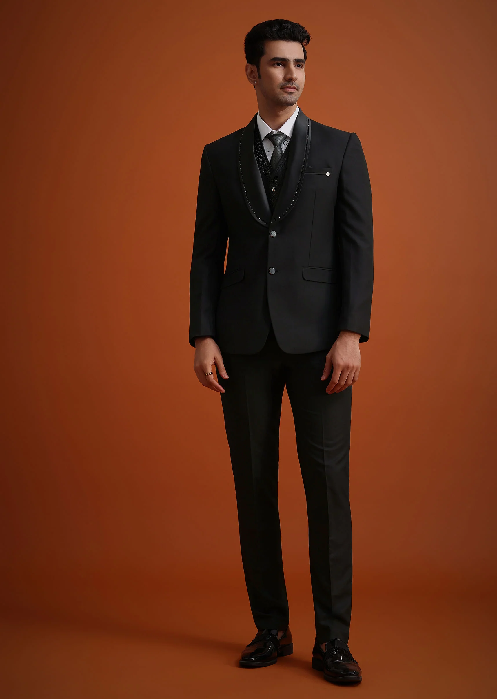 Black Stone Work Terry Rayon Tuxedo And Pant Set - Image 3