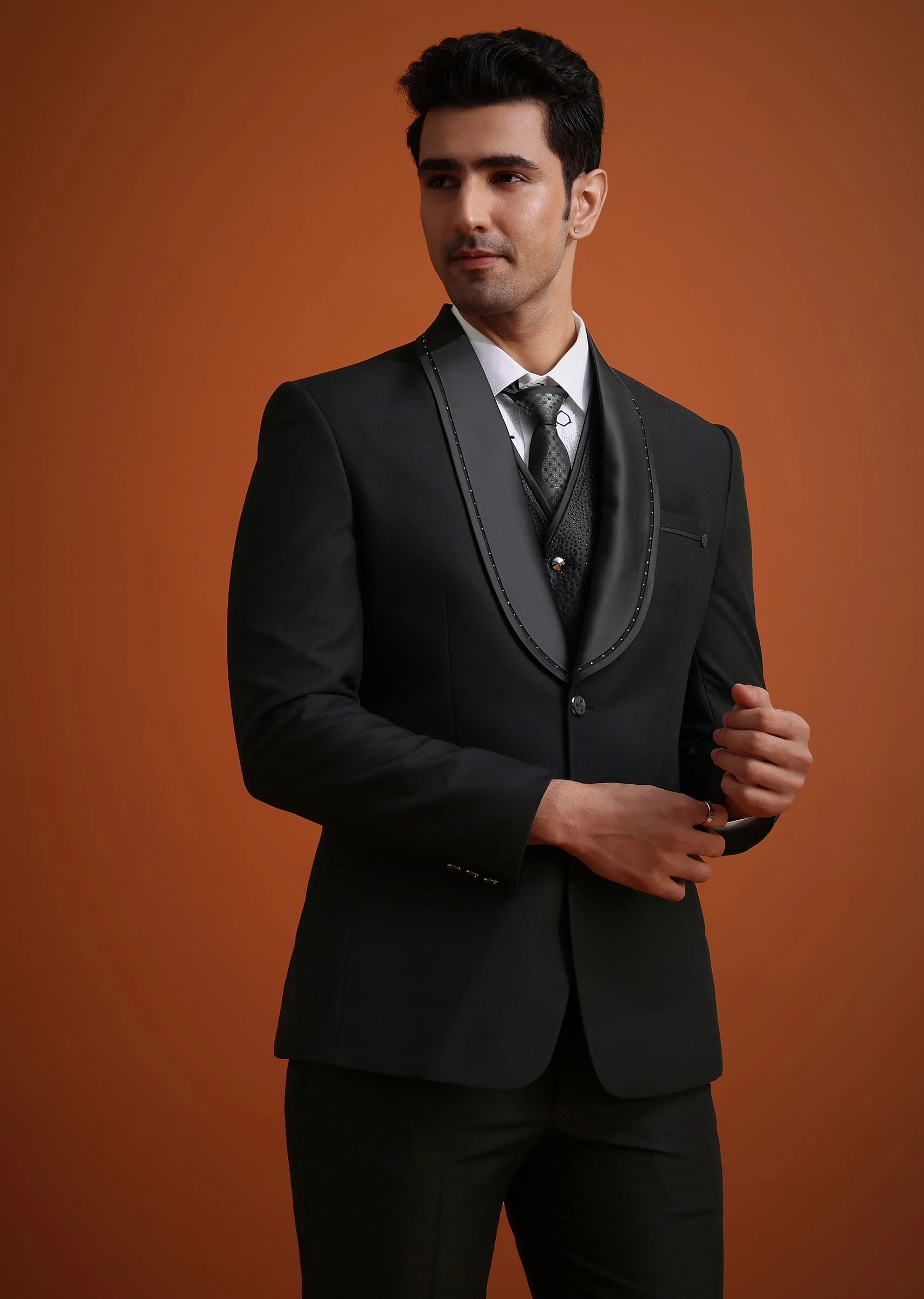 Black Stone Work Terry Rayon Tuxedo And Pant Set - Image 4