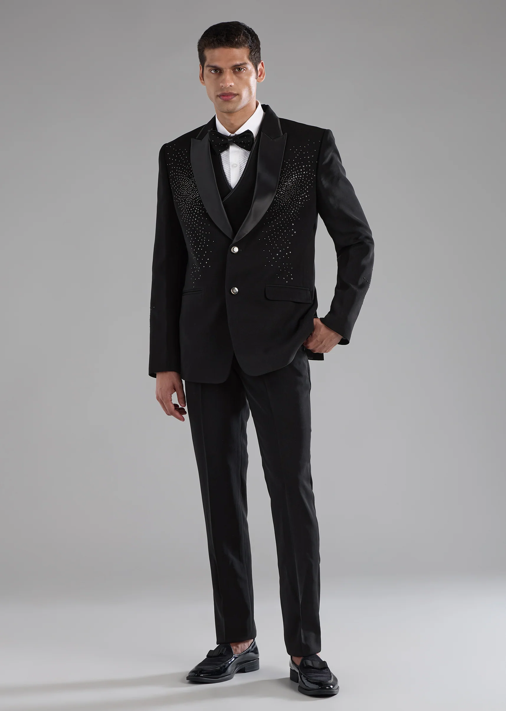 Black Stone Work Tuxedo, Shirt and Bow Set - Image 2