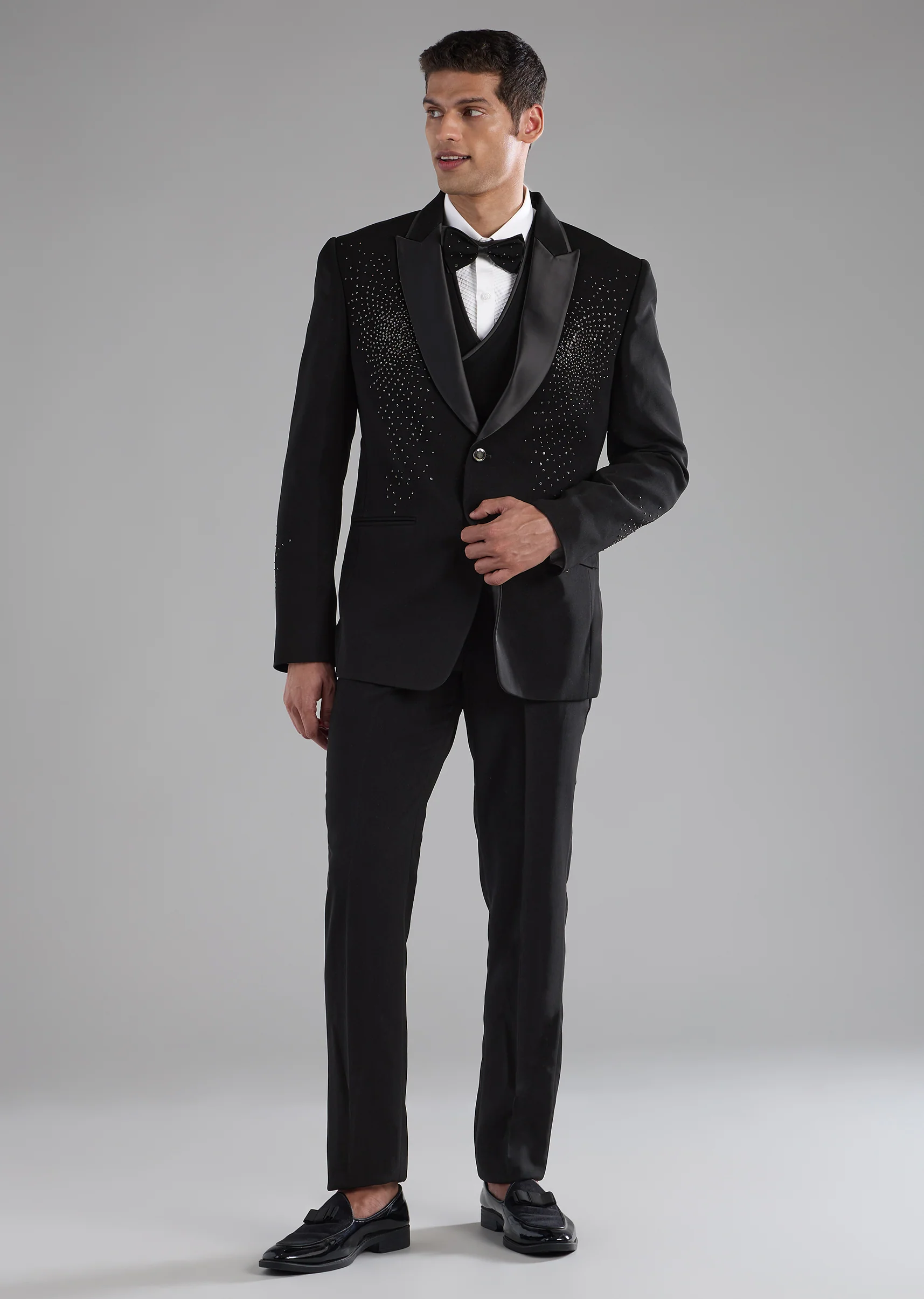 Black Stone Work Tuxedo, Shirt and Bow Set - Image 4