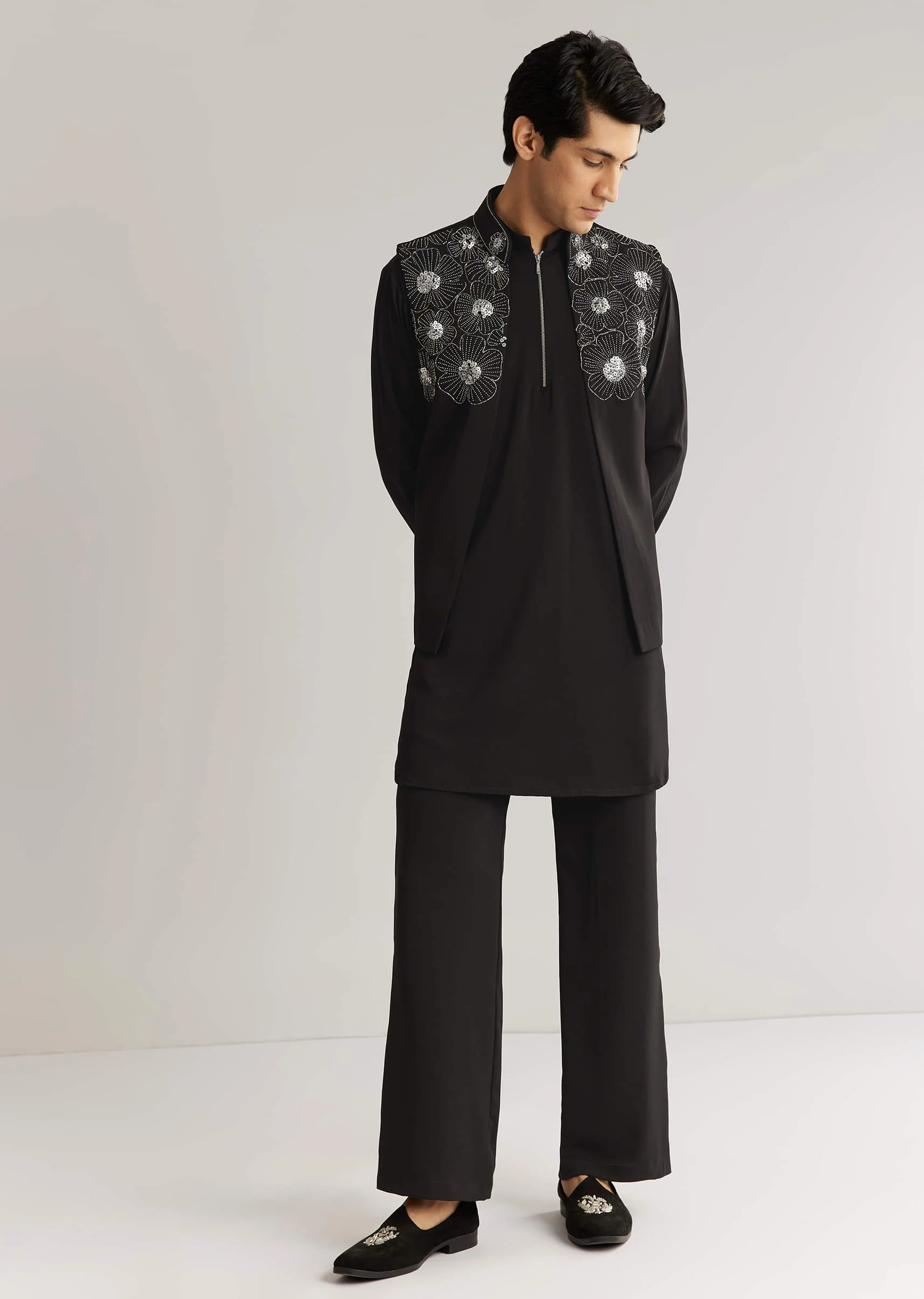 Black Suiting Cutdana Sequins Floral Kurta Jacket Set - Image 2