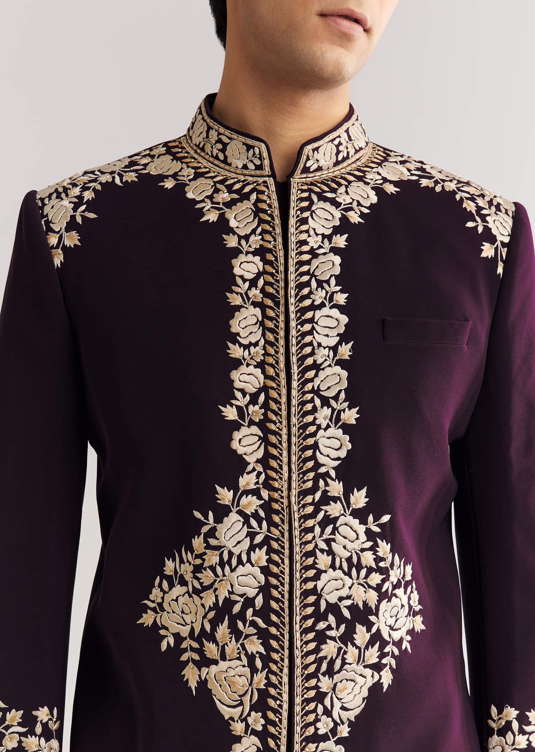 Plum Suiting Indo Western With Floral Thread Embroidery - Image 3