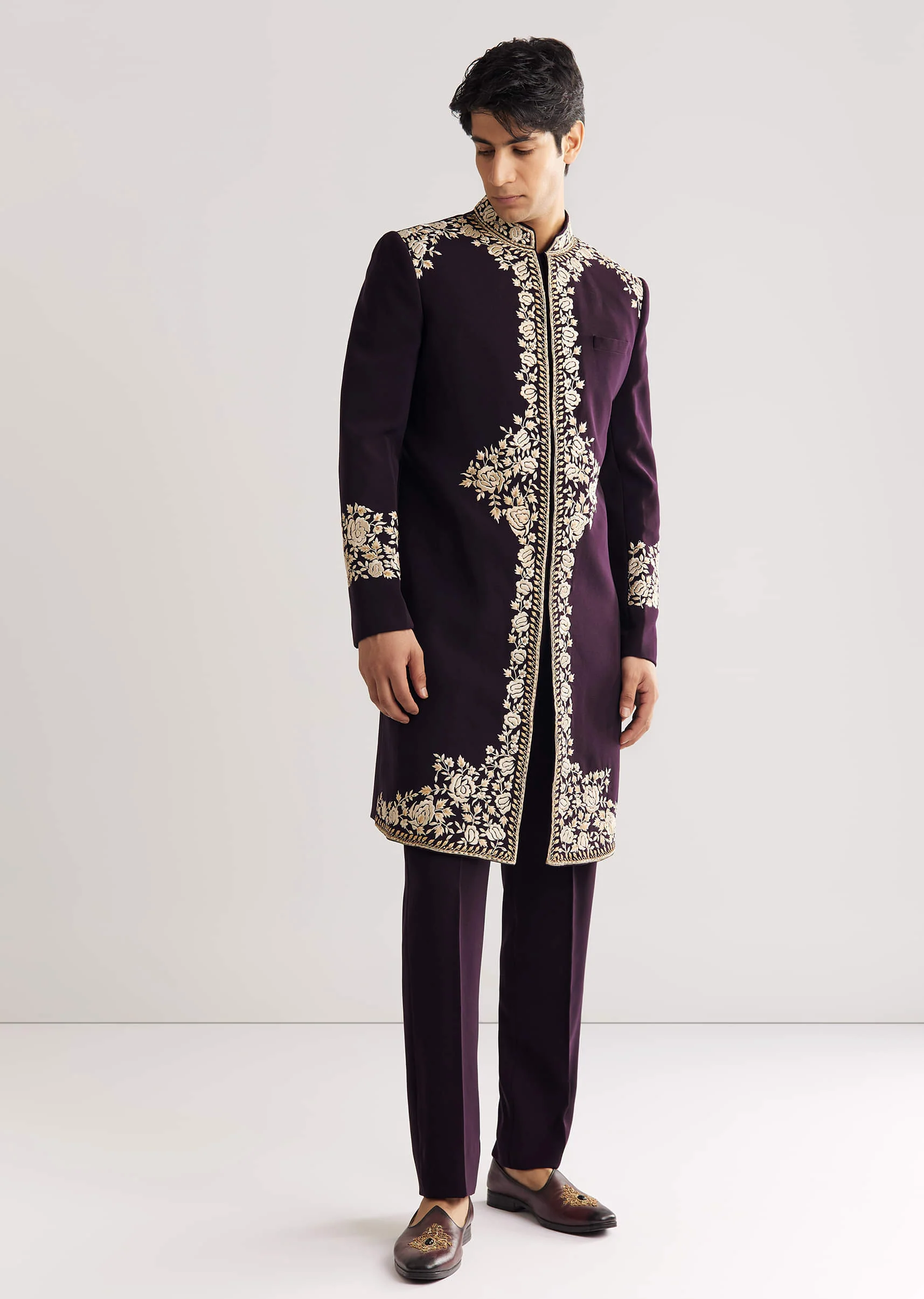 Plum Suiting Indo Western With Floral Thread Embroidery - Image 4