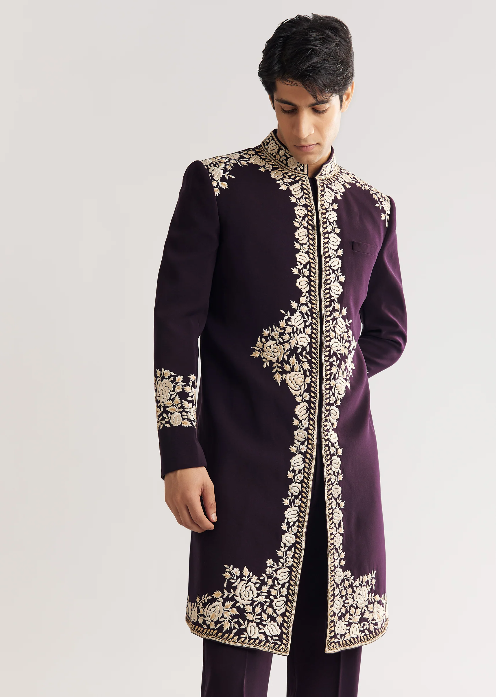 Plum Suiting Indo Western With Floral Thread Embroidery - Image 7