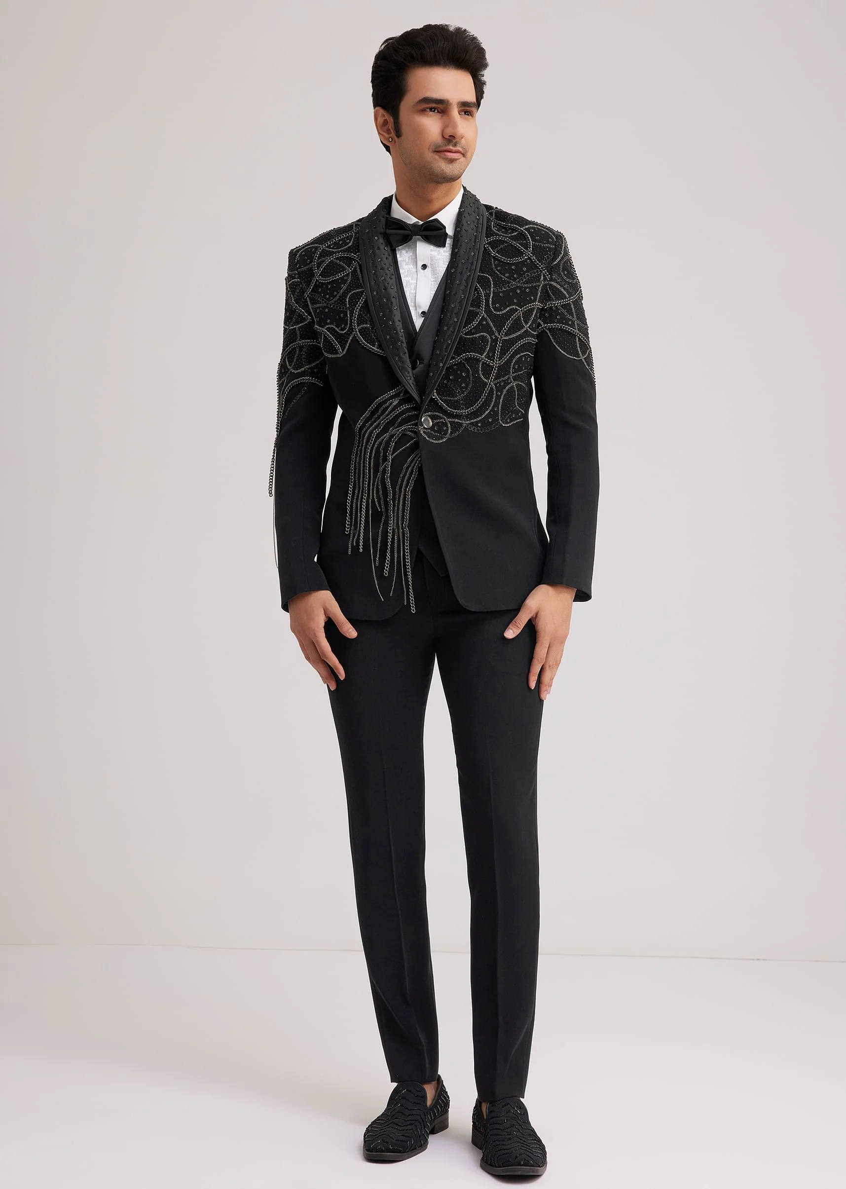 Black Suiting Tuxedo With Metallic Chain And Stone Work - Image 2