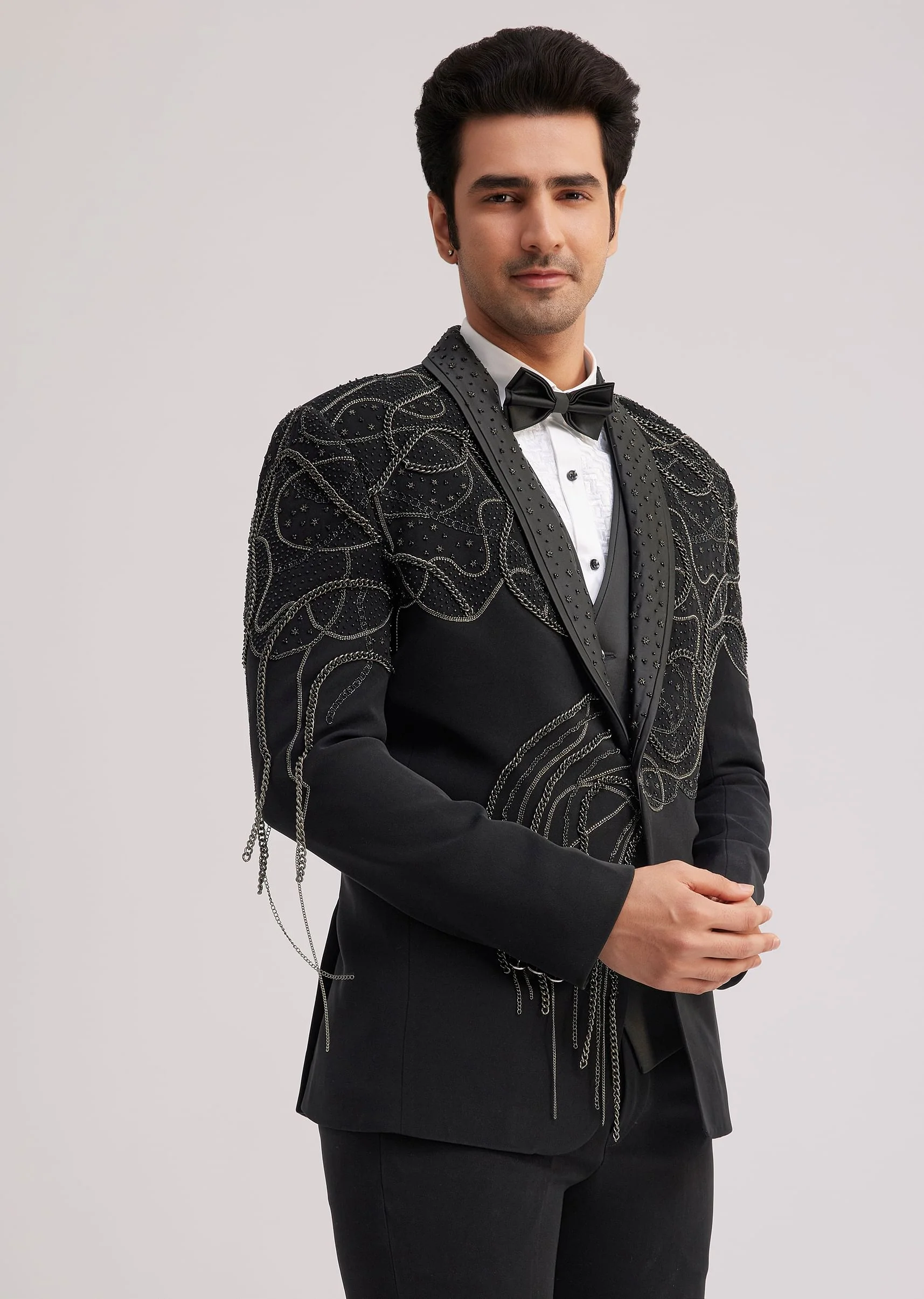 Black Suiting Tuxedo With Metallic Chain And Stone Work - Image 3