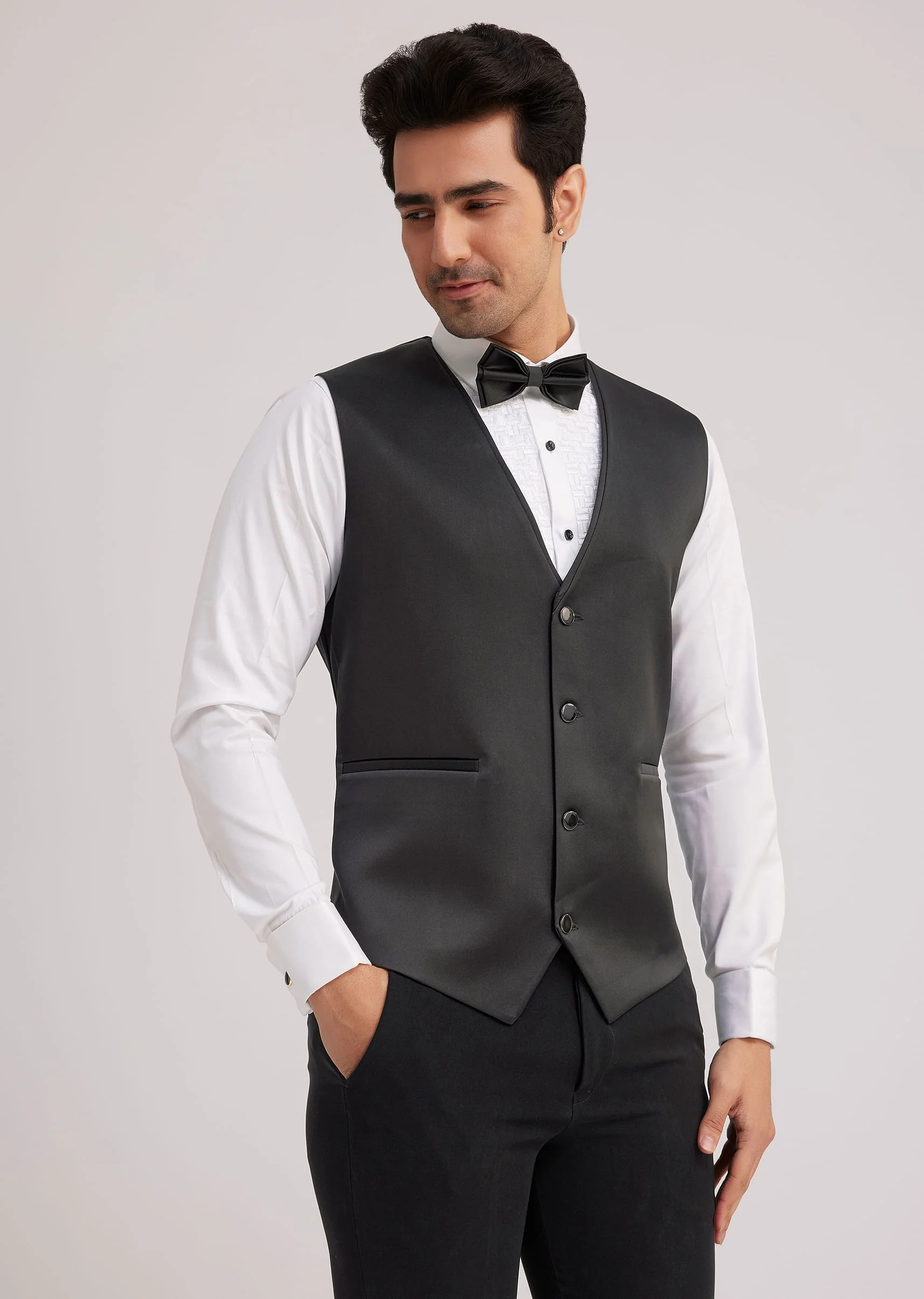 Black Suiting Tuxedo With Metallic Chain And Stone Work - Image 7